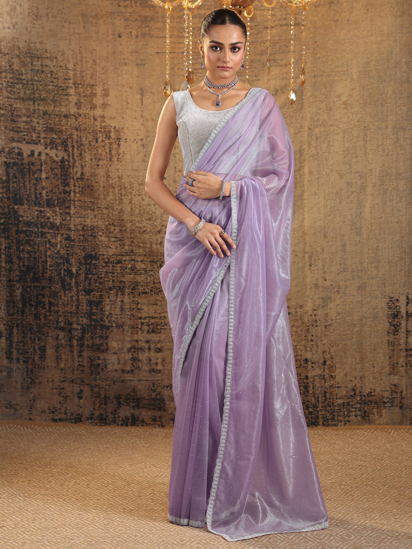 Lavender Embellished Organza Saree With Unstitched Blouse Piece