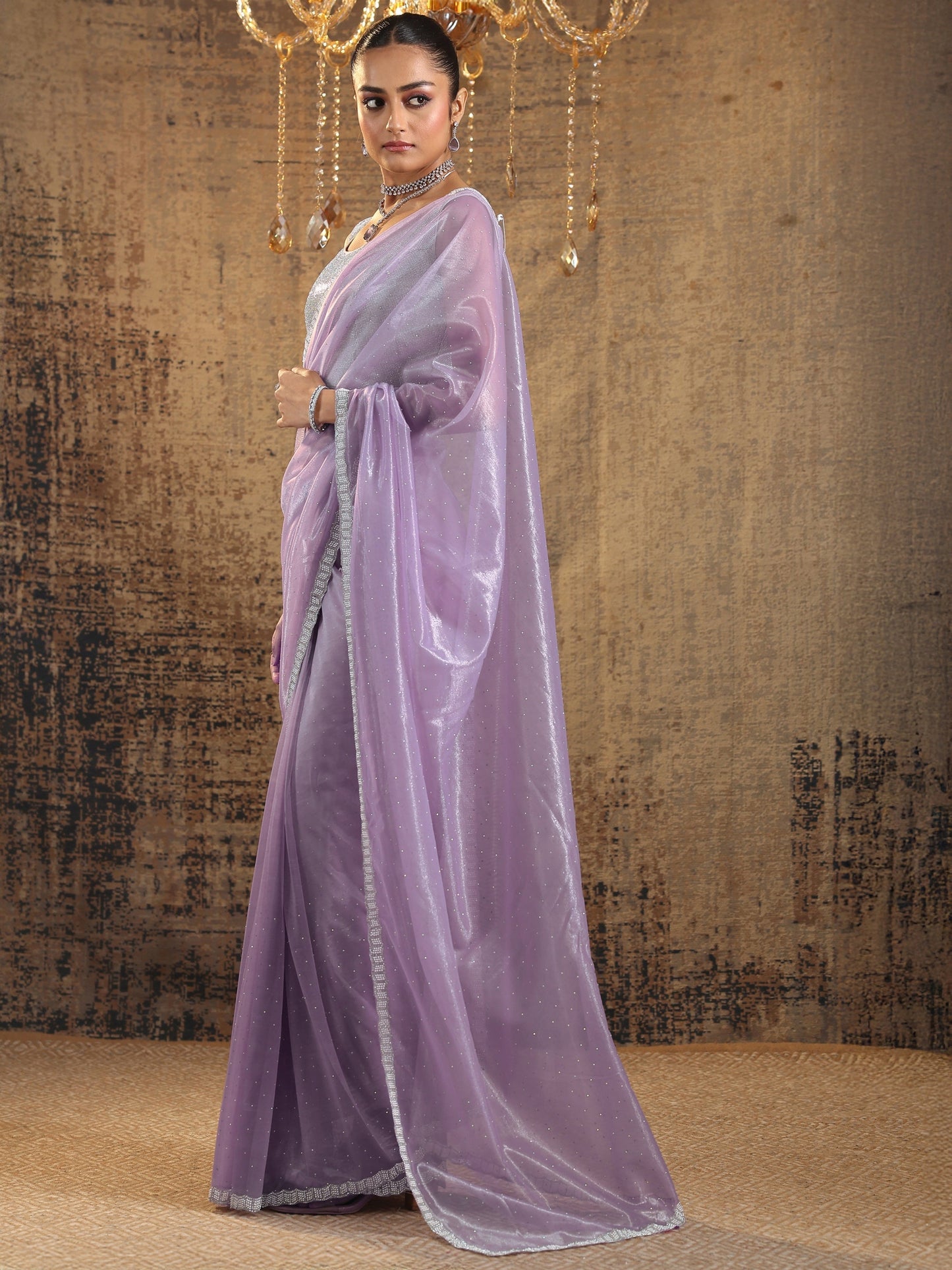 Lavender Embellished Organza Saree With Unstitched Blouse Piece