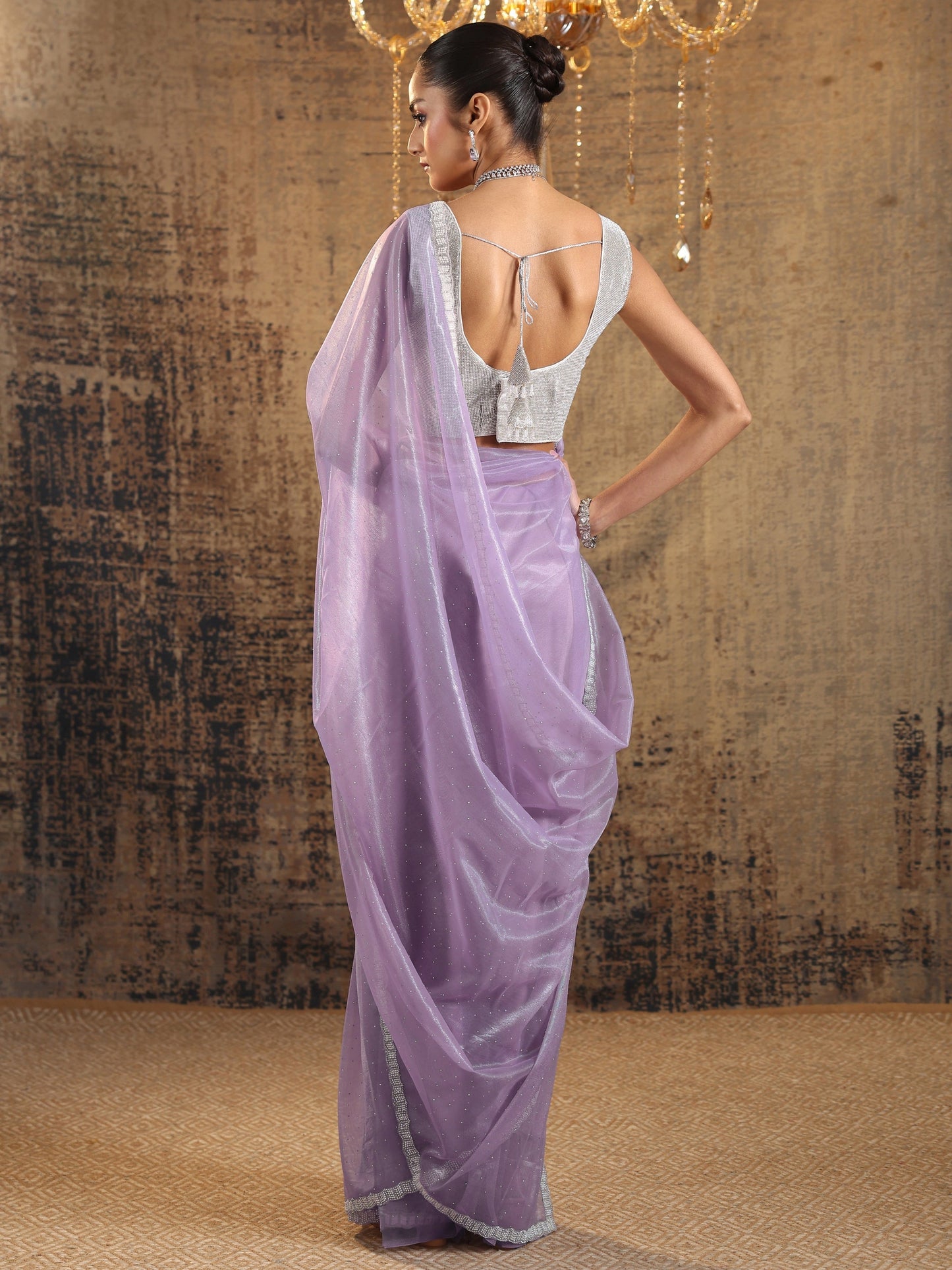 Lavender Embellished Organza Saree With Unstitched Blouse Piece