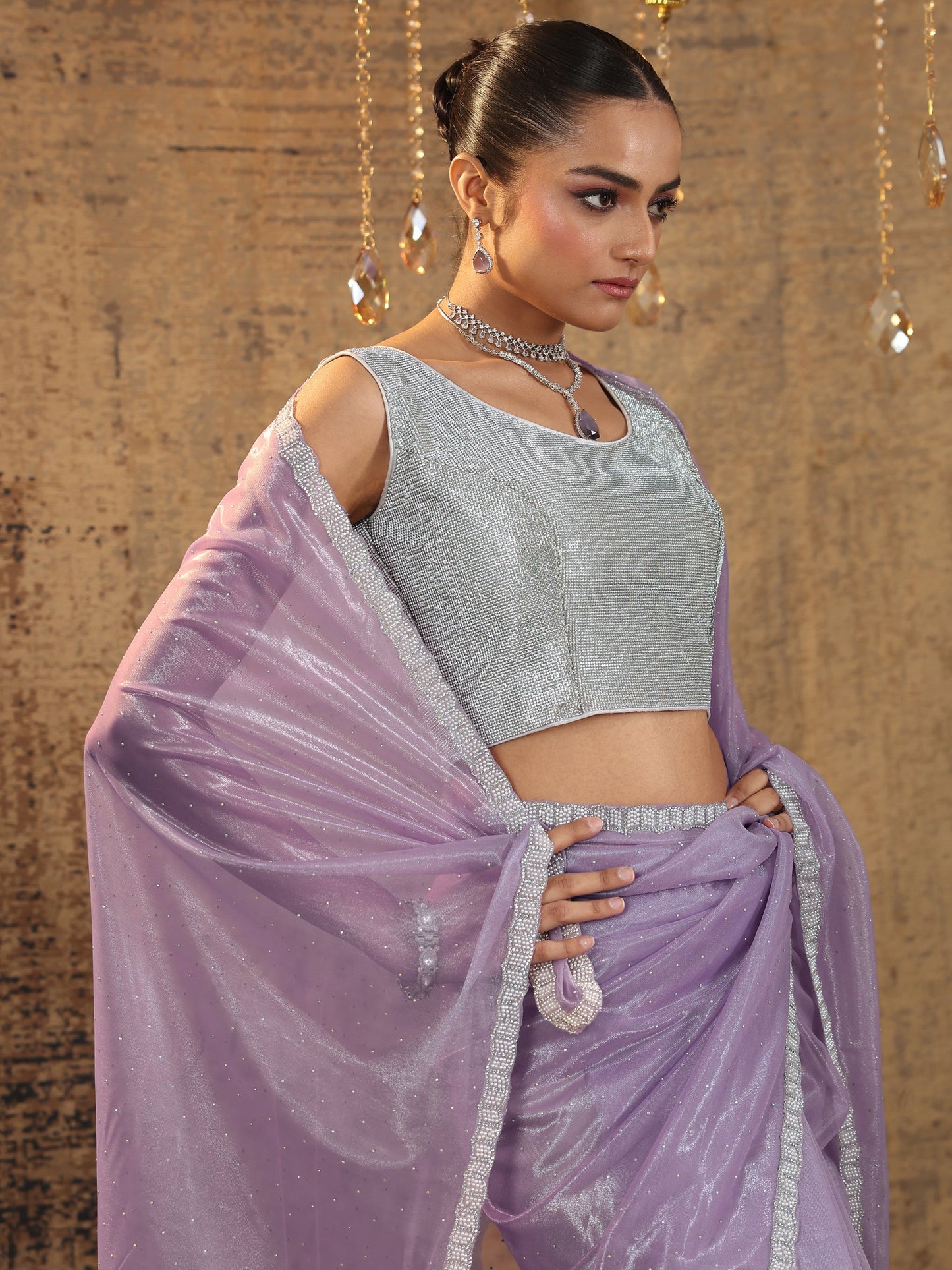 Lavender Embellished Organza Saree With Unstitched Blouse Piece
