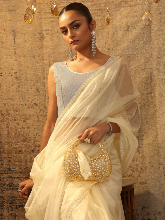Off White Embellished Organza Saree With Unstitched Blouse Piece
