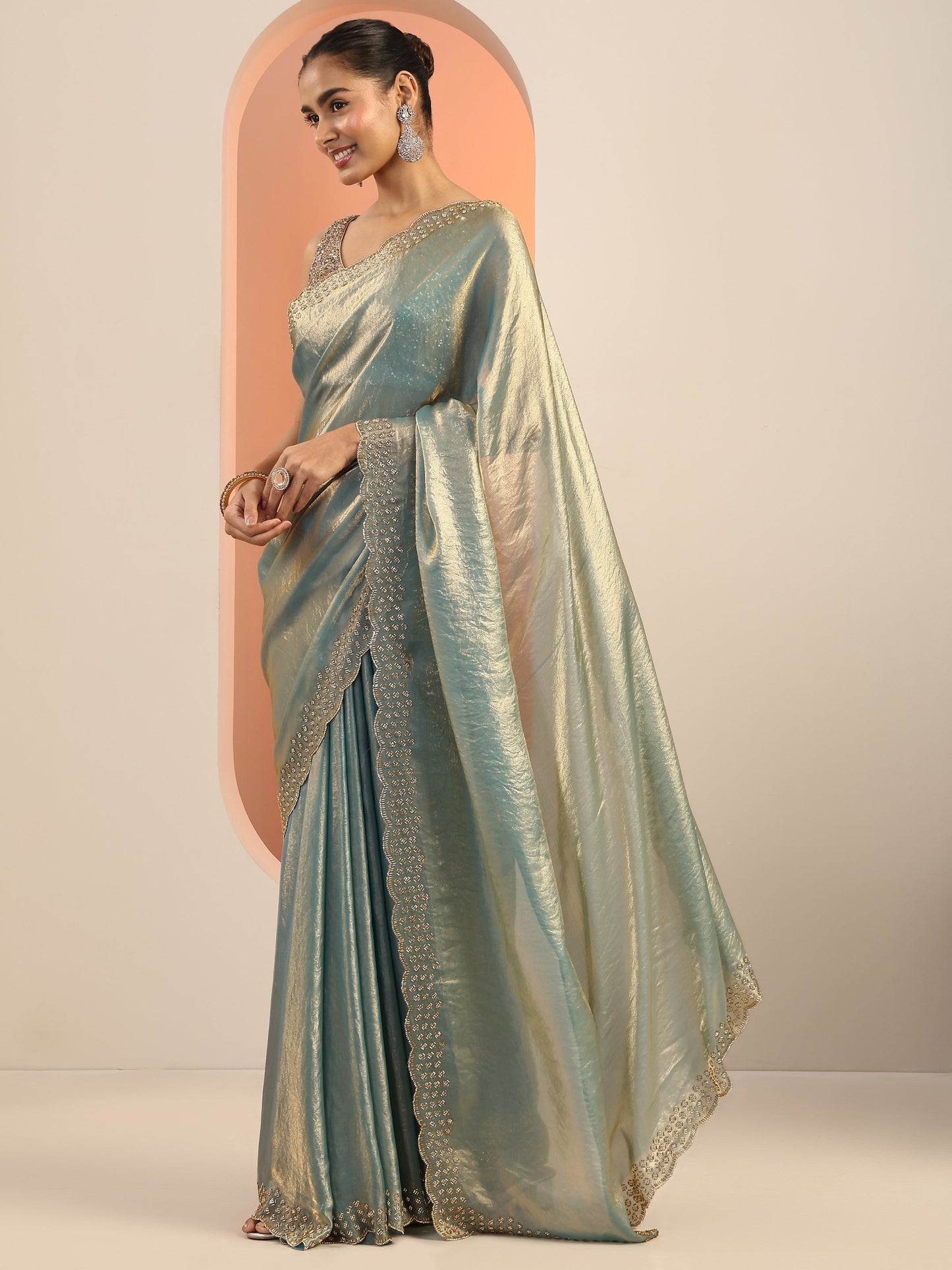 Teal Solid Satin Saree With Unstitched Blouse Piece
