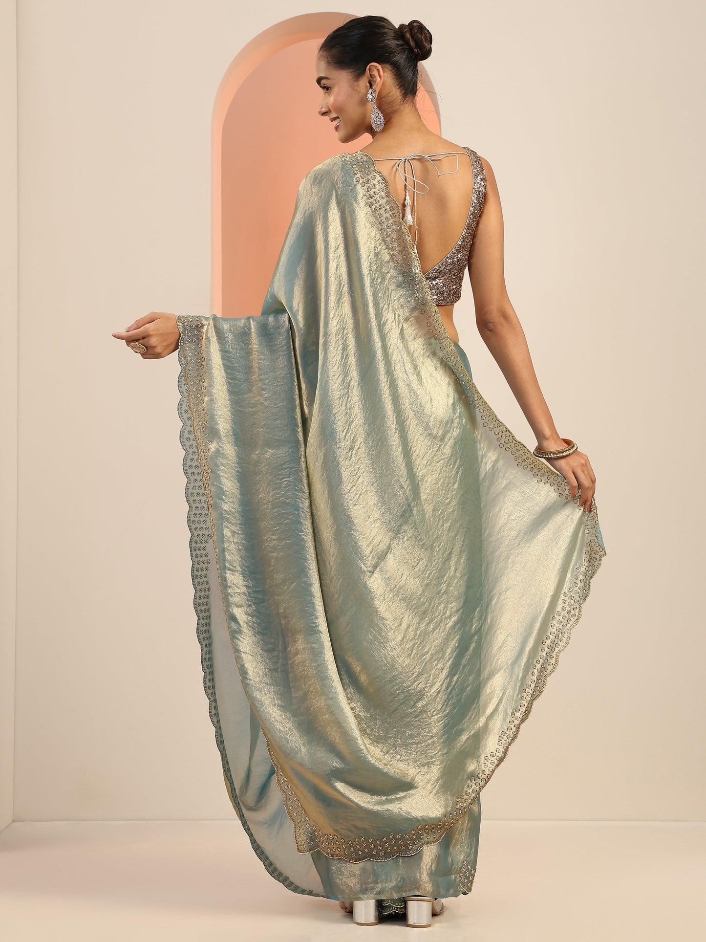 Teal Solid Satin Saree With Unstitched Blouse Piece