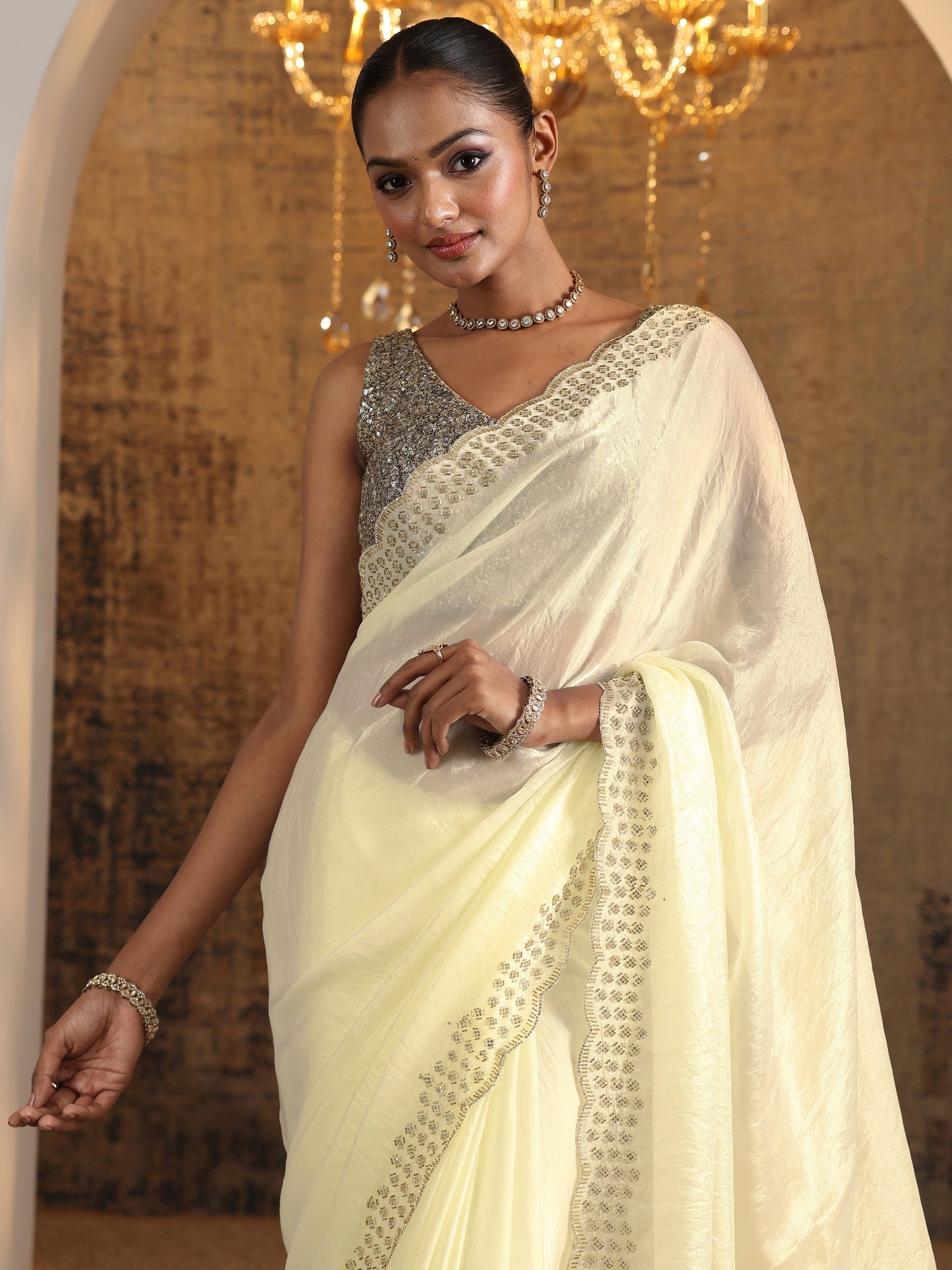 Off White Solid Jimmy Choo Satin Saree With Unstitched Blouse Piece