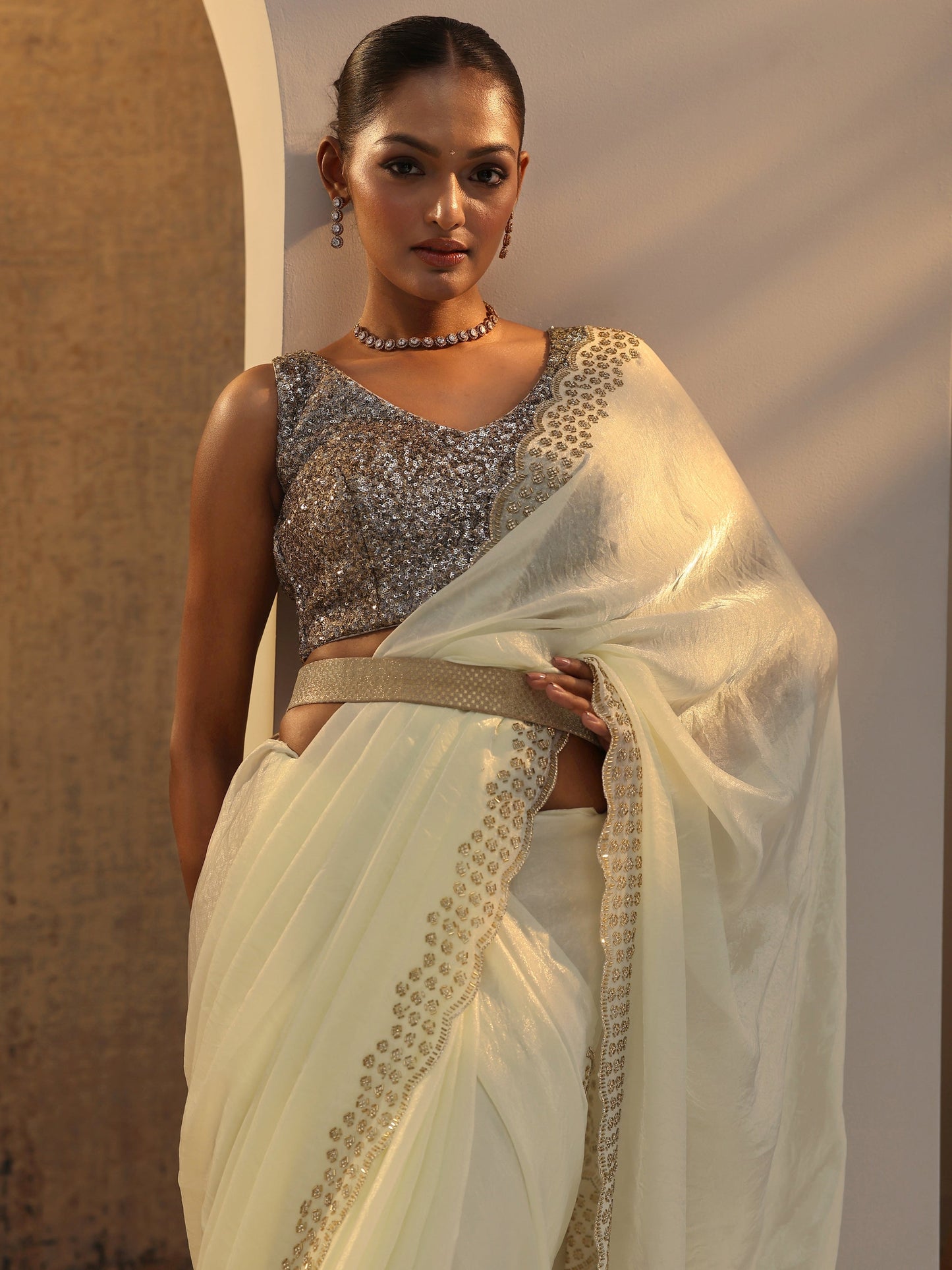 Off White Solid Jimmy Choo Satin Saree With Unstitched Blouse Piece