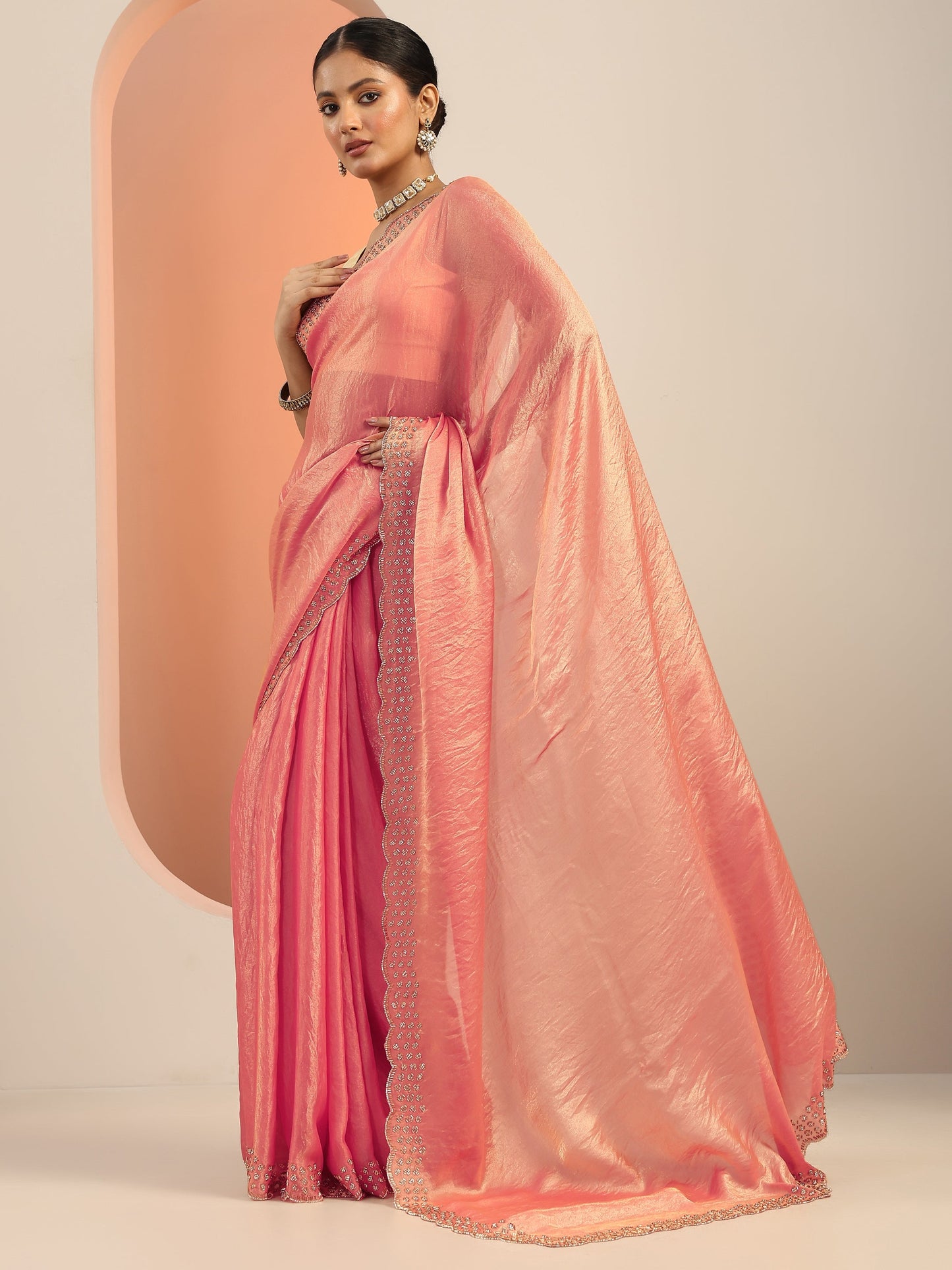 Peach Solid Satin Saree With Unstitched Blouse Piece