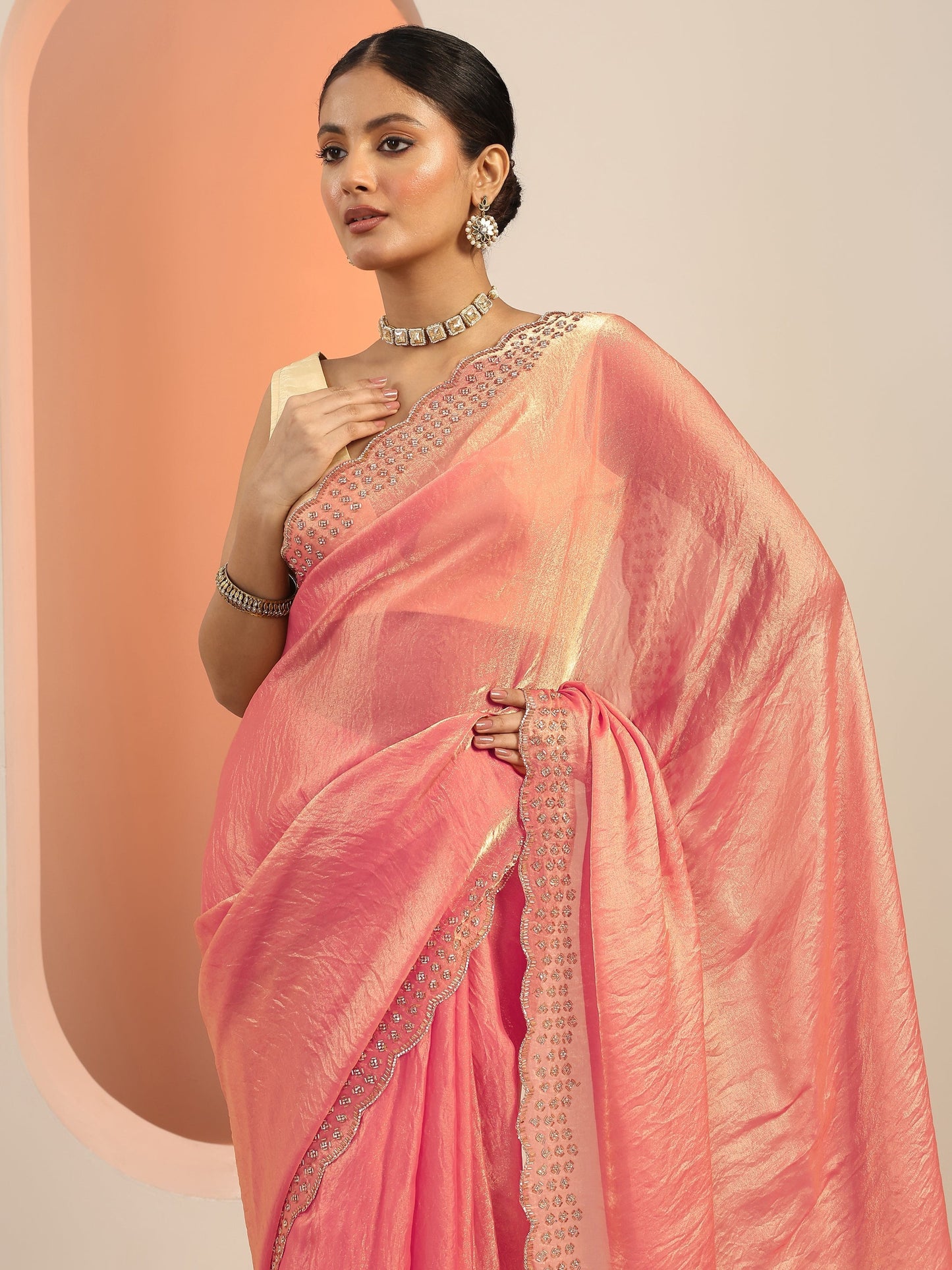 Peach Solid Satin Saree With Unstitched Blouse Piece