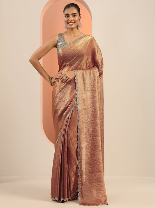Brown Solid Jimmy Choo Satin Saree With Unstitched Blouse Piece