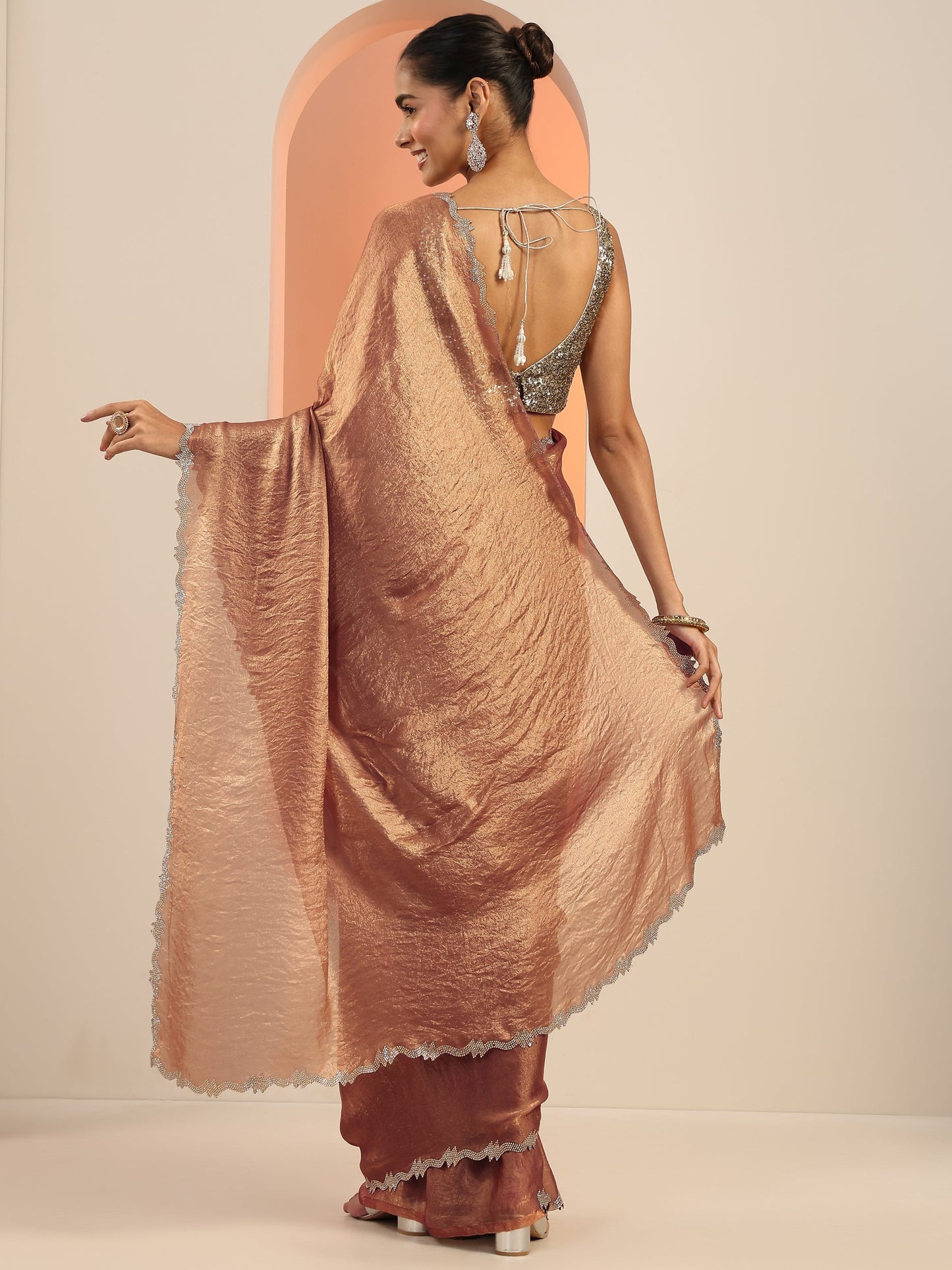 Brown Solid Jimmy Choo Satin Saree With Unstitched Blouse Piece