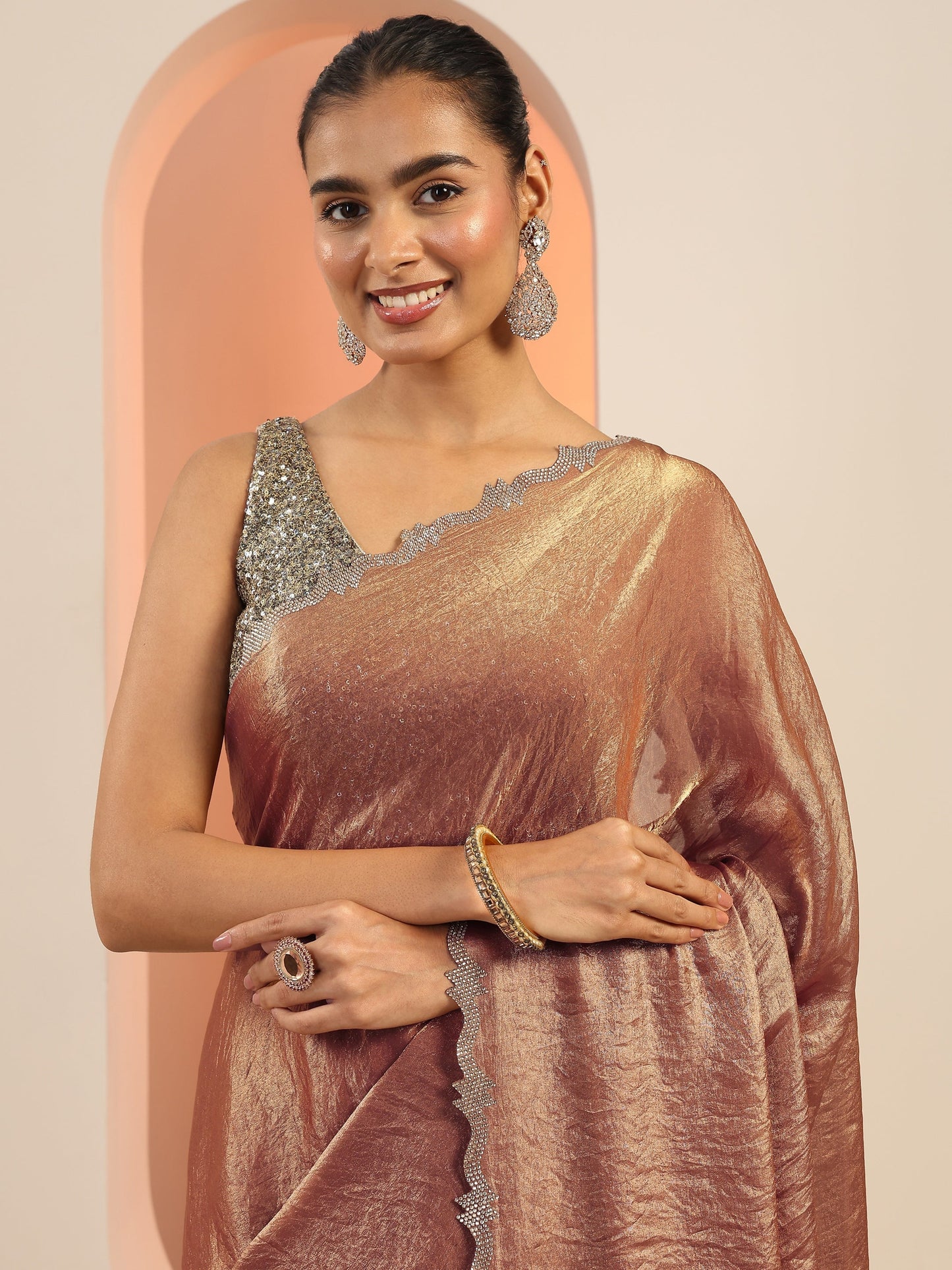 Brown Solid Jimmy Choo Satin Saree With Unstitched Blouse Piece