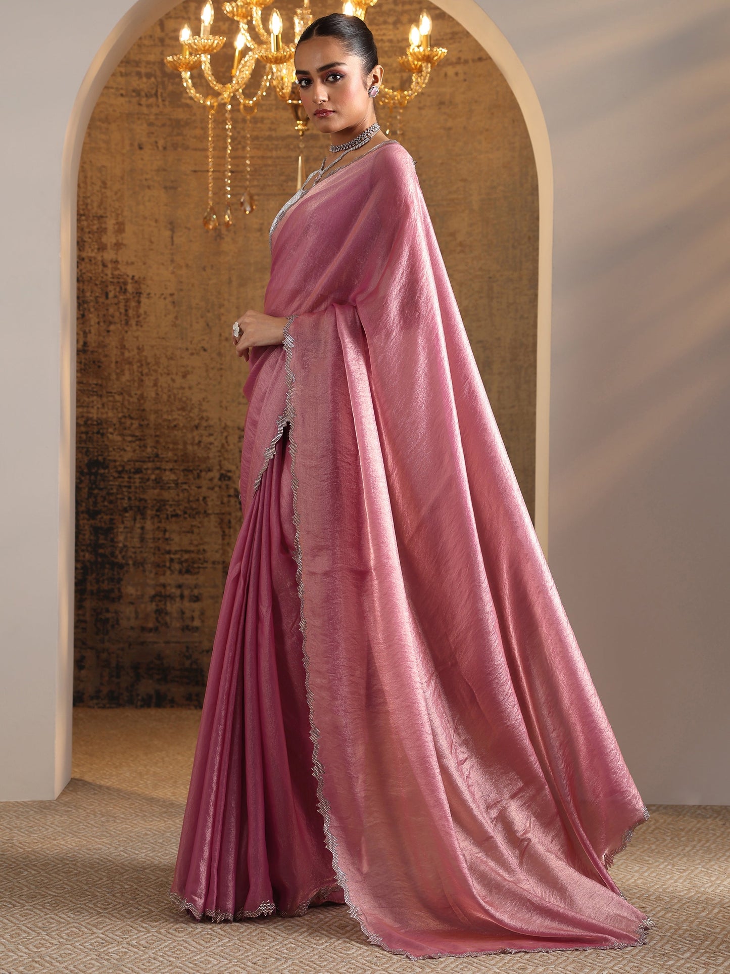 Pink Embellished Jimmy Choo Satin Saree With Unstitched Blouse Piece