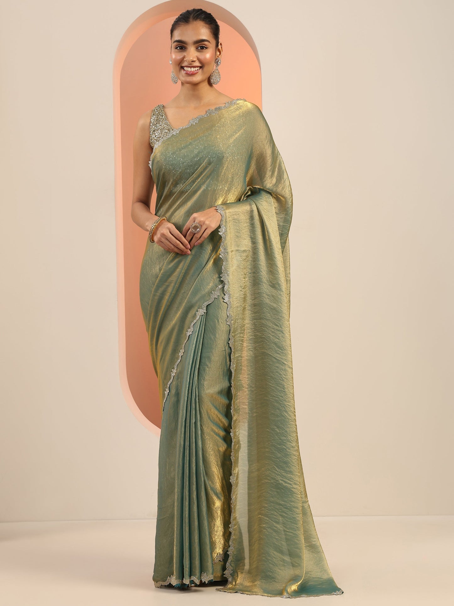 Teal Solid Jimmy Choo Satin Saree With Unstitched Blouse Piece