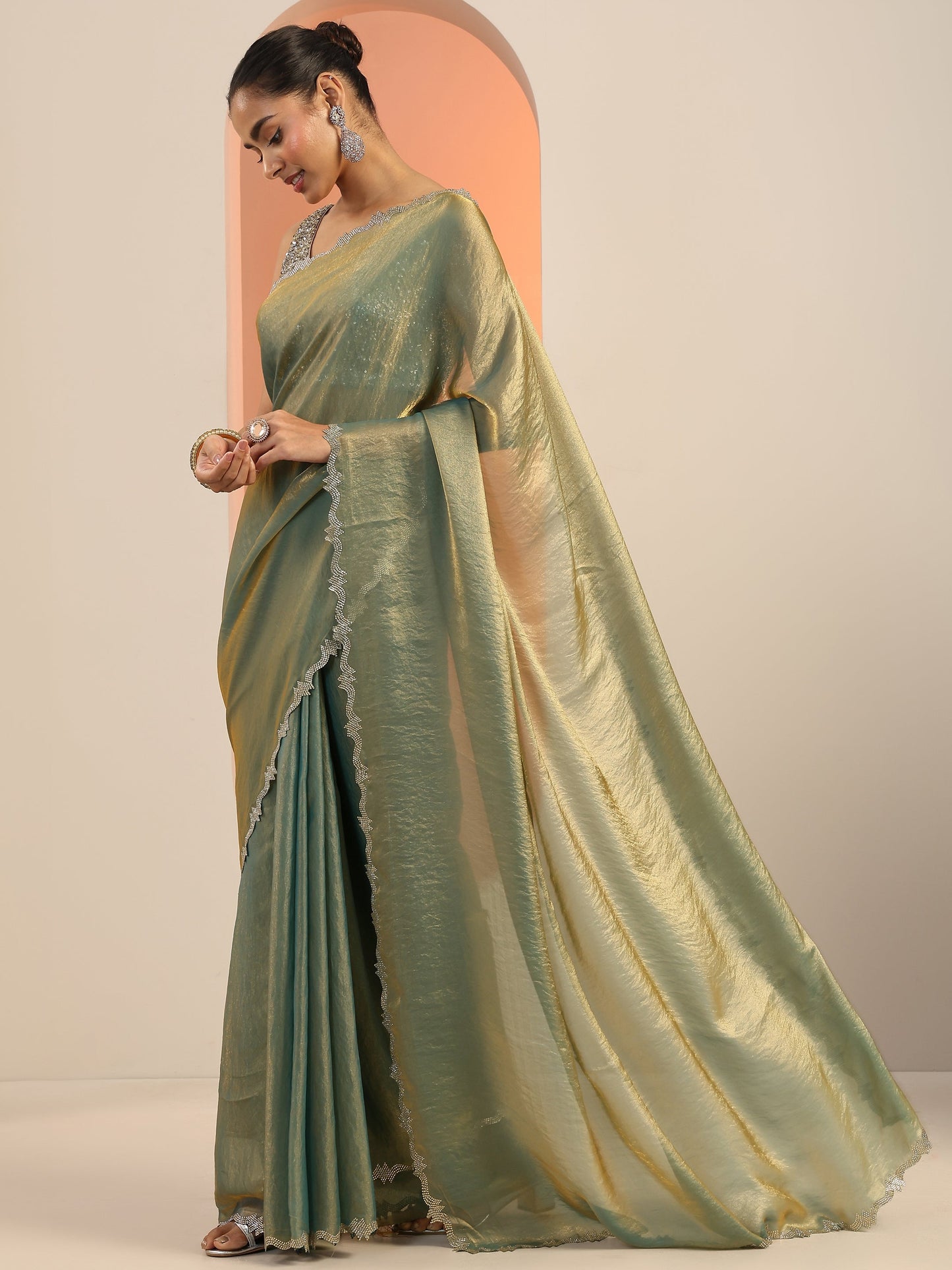 Teal Solid Jimmy Choo Satin Saree With Unstitched Blouse Piece