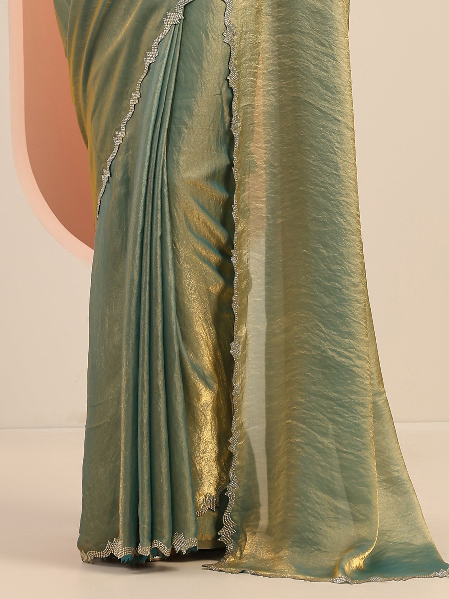 Teal Solid Jimmy Choo Satin Saree With Unstitched Blouse Piece