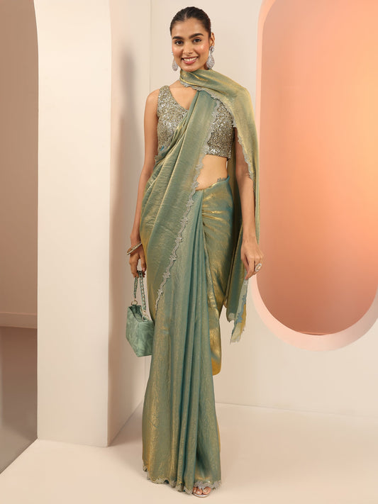 Teal Solid Jimmy Choo Satin Saree With Unstitched Blouse Piece