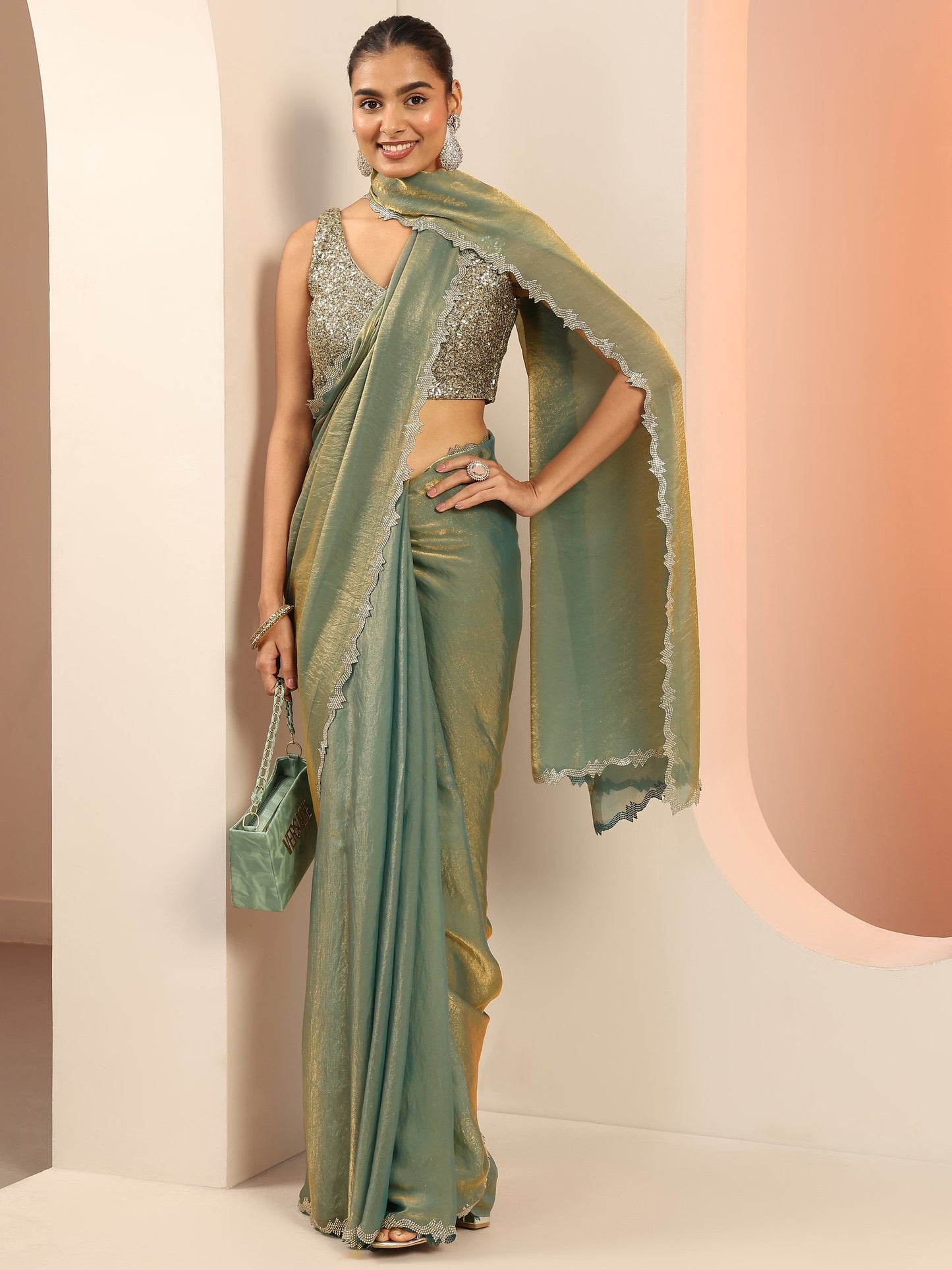 Teal Solid Jimmy Choo Satin Saree With Unstitched Blouse Piece
