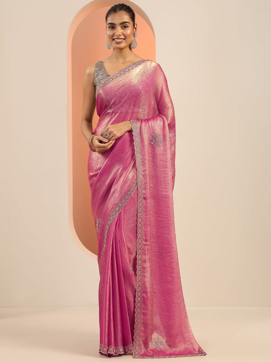 Pink Embellishments Jimmy Choo Satin Saree With Unstitched Blouse Piece
