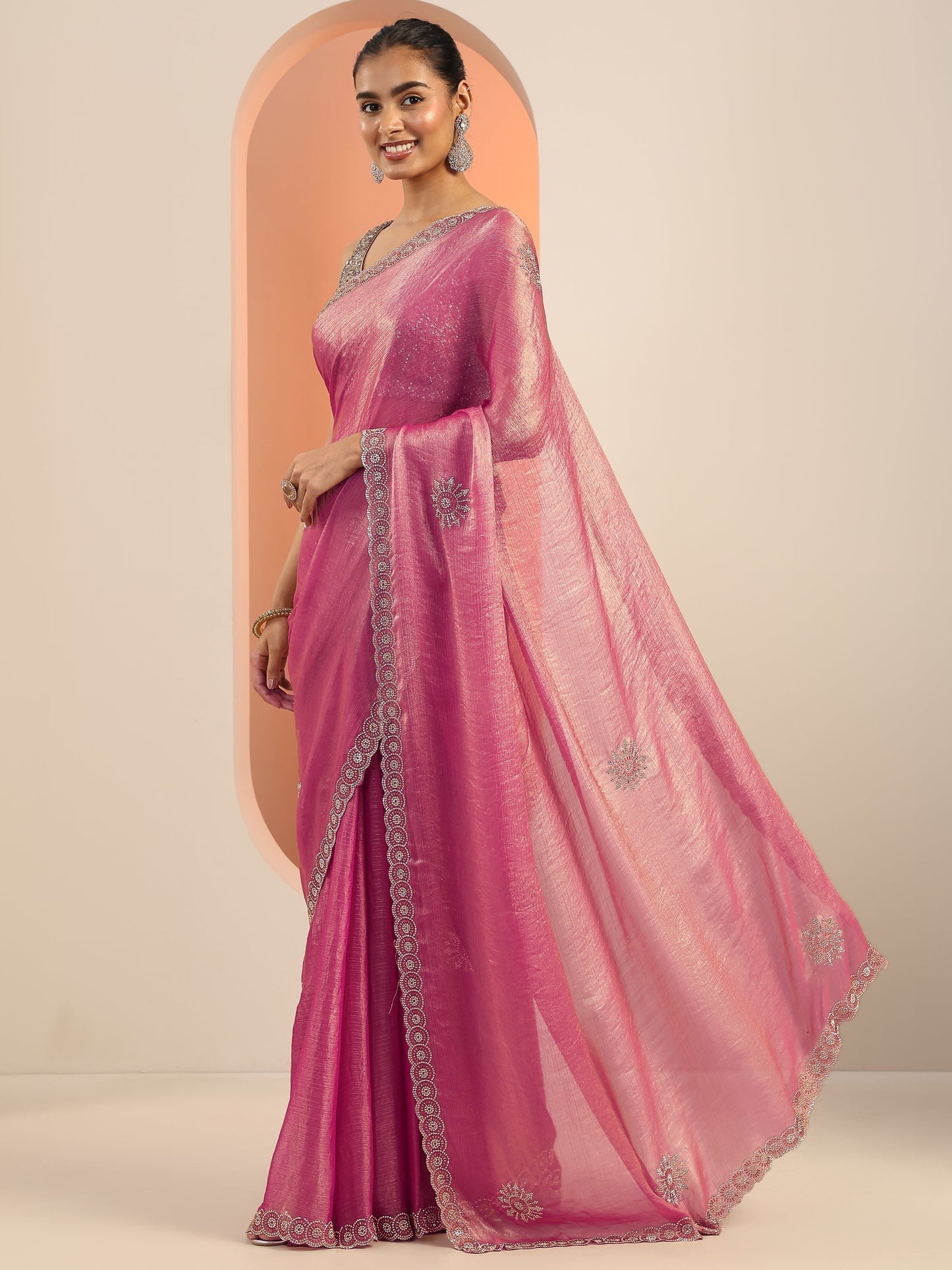 Pink Embellishments Jimmy Choo Satin Saree With Unstitched Blouse Piece