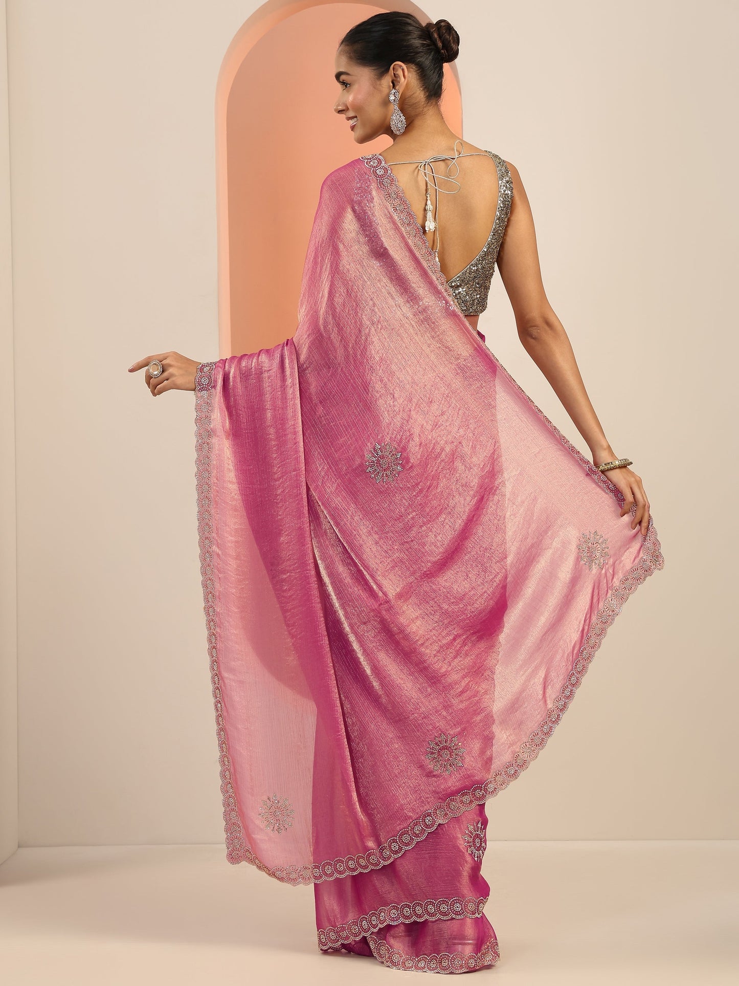 Pink Embellishments Jimmy Choo Satin Saree With Unstitched Blouse Piece
