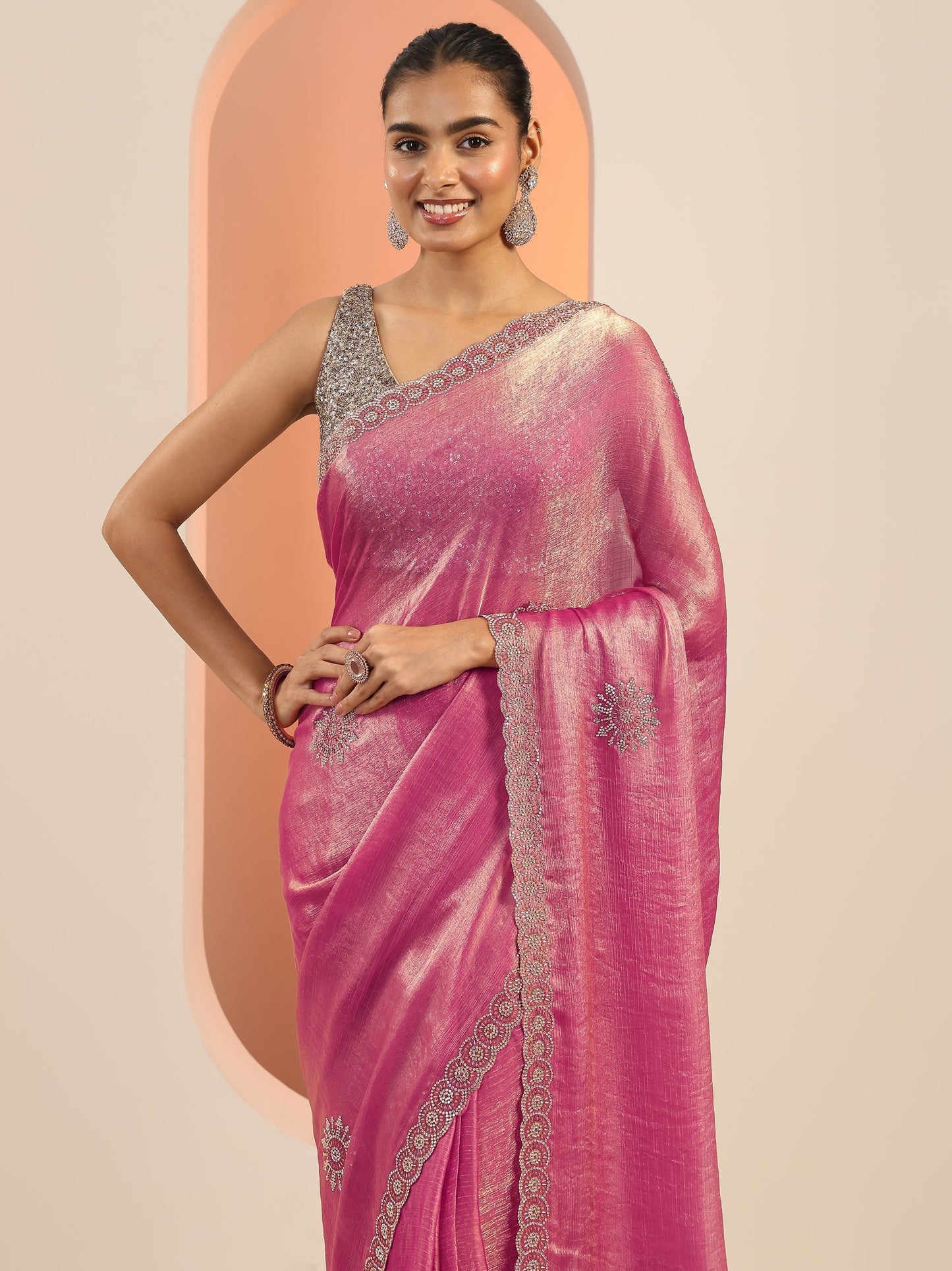 Pink Embellishments Jimmy Choo Satin Saree With Unstitched Blouse Piece