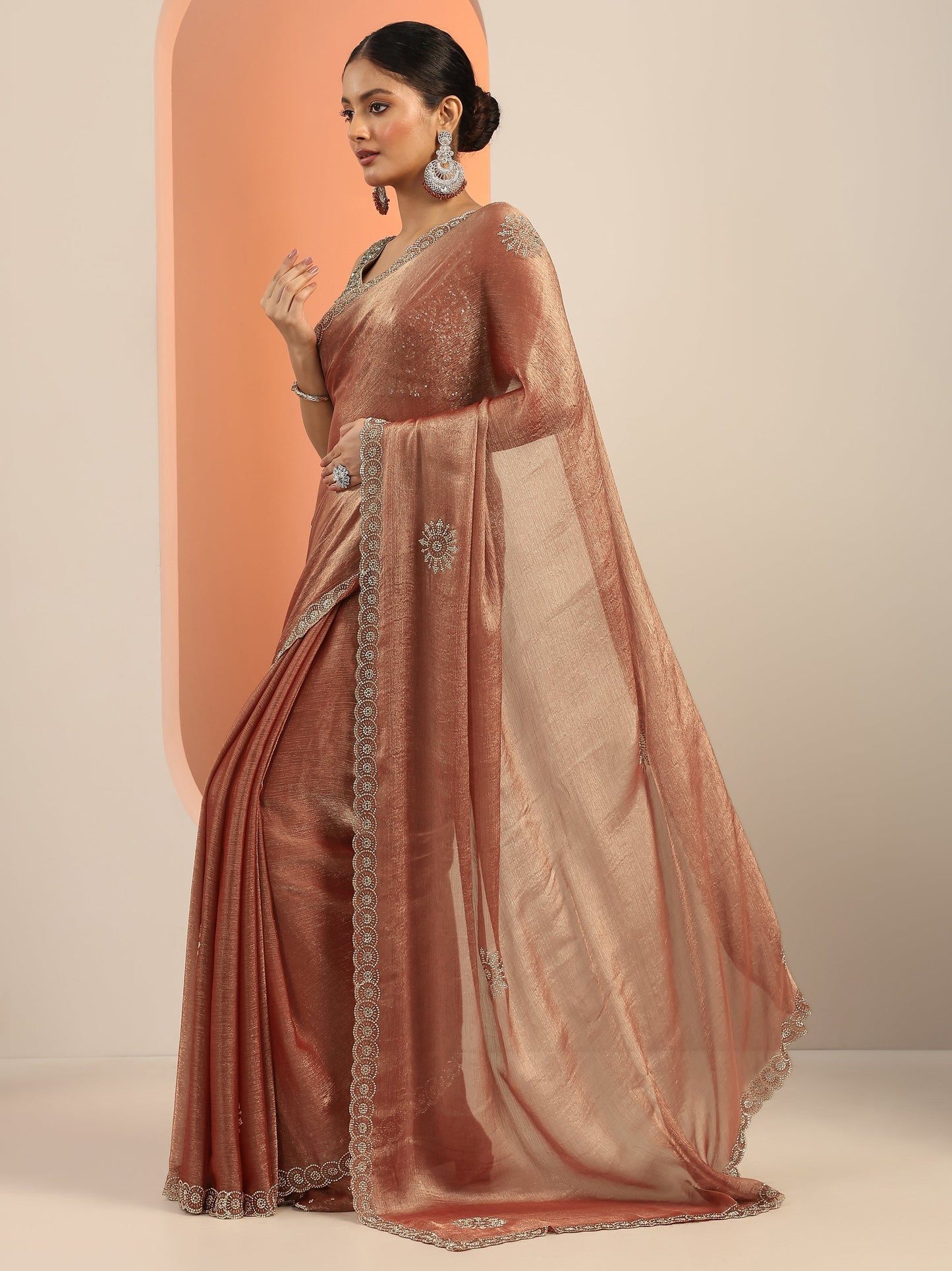 Rust Embellished Jimmy Choo Satin Saree With Unstitched Blouse Piece