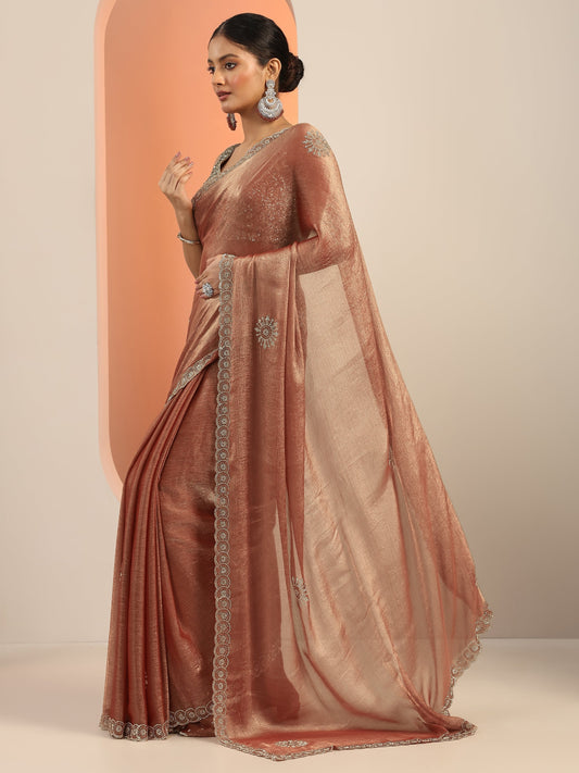 Rust Embellished Satin Sarees With Unstitched Blouse Piece