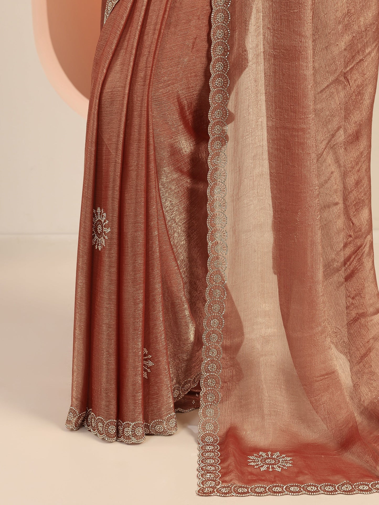Rust Embellished Satin Sarees With Unstitched Blouse Piece