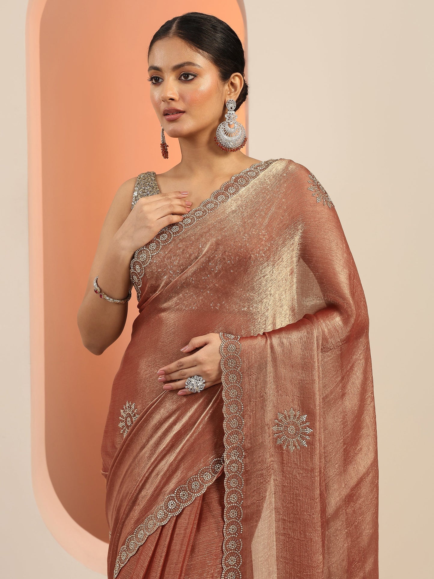 Rust Embellished Satin Sarees With Unstitched Blouse Piece