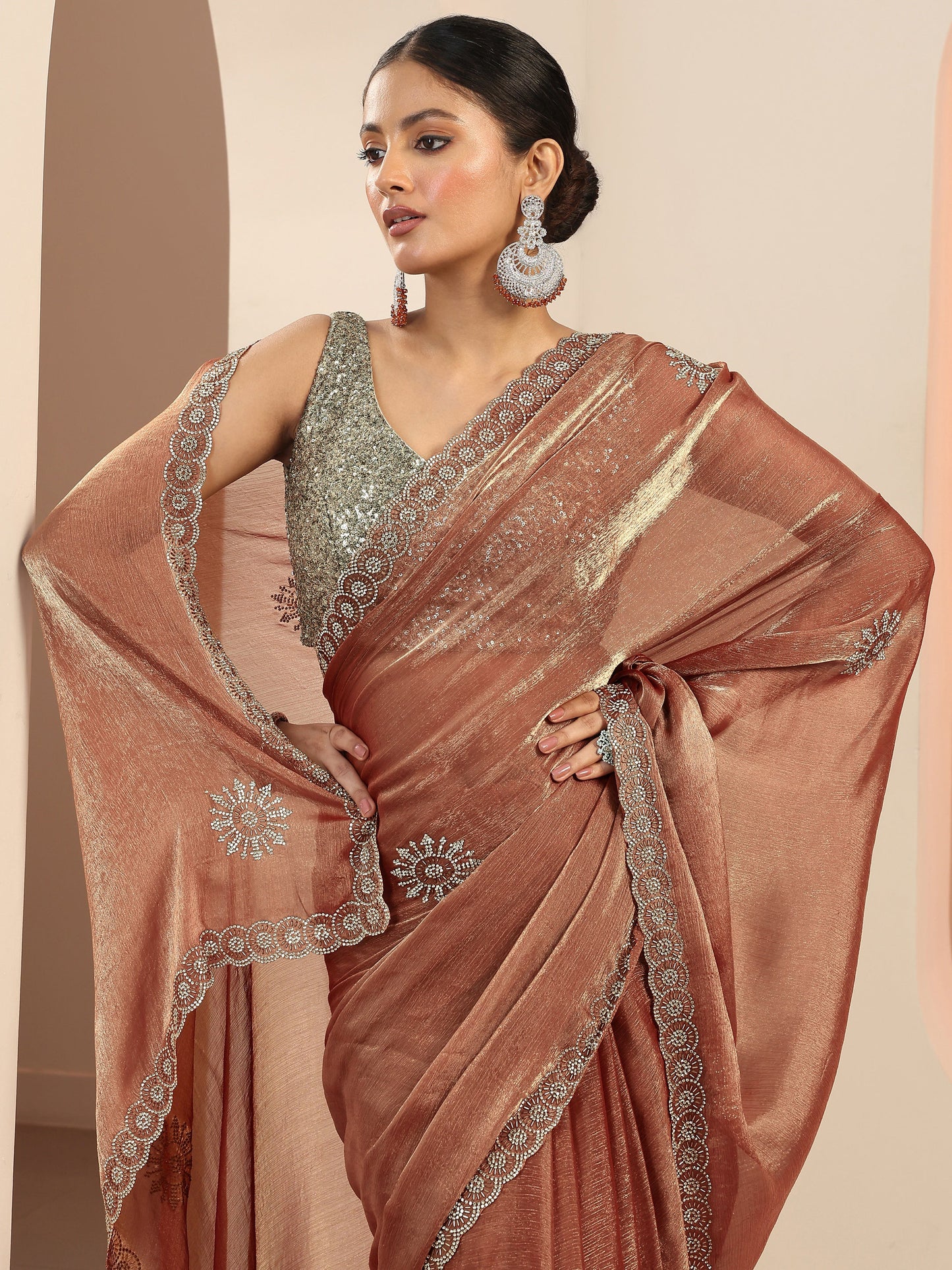 Rust Embellished Satin Sarees With Unstitched Blouse Piece