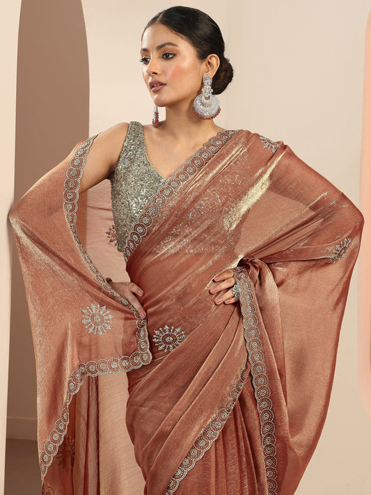 Rust Embellished Satin Sarees With Unstitched Blouse Piece