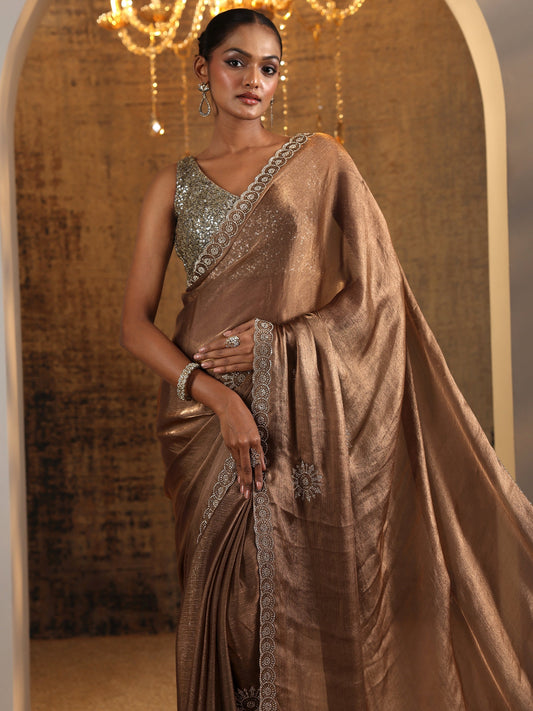 Brown Printed Jimmy Choo Satin Saree With Unstitched Blouse Piece