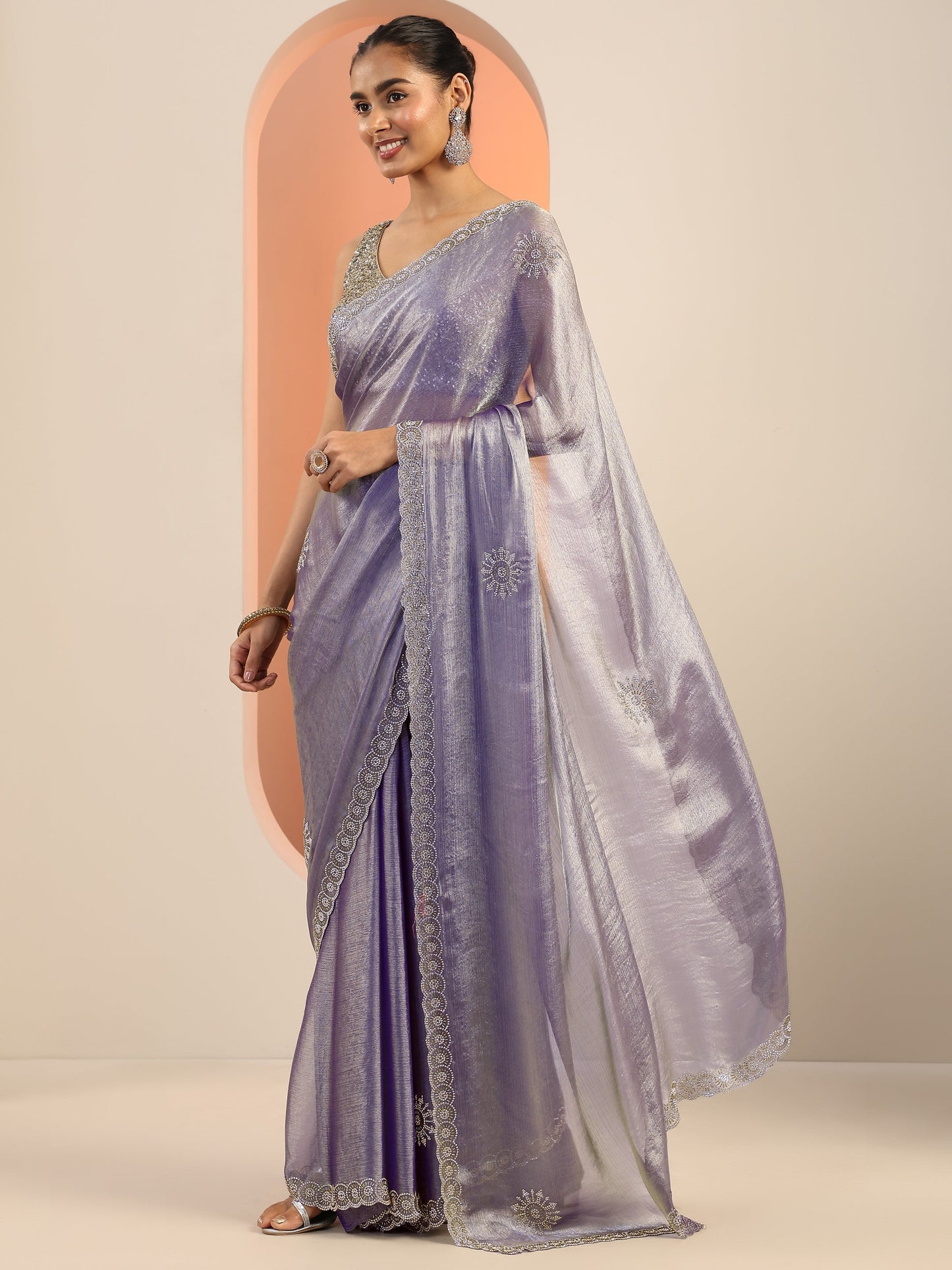 Purple Embellished Jimmy Choo Satin Saree With Unstitched Blouse Piece