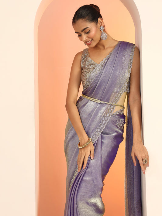 Purple Embellished Jimmy Choo Satin Saree With Unstitched Blouse Piece