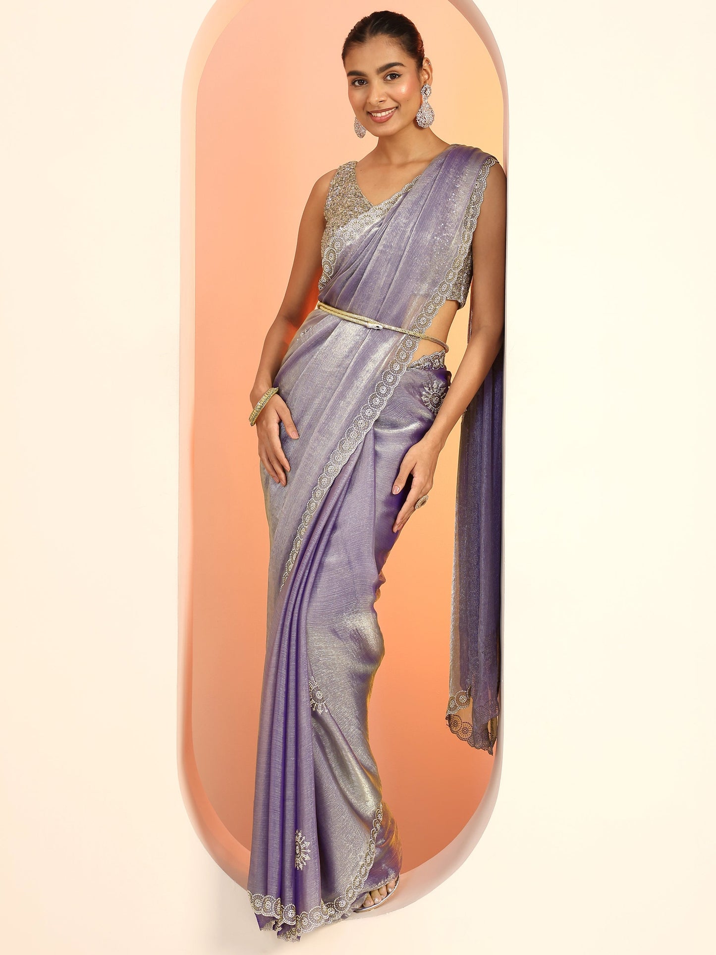 Purple Embellished Jimmy Choo Satin Saree With Unstitched Blouse Piece