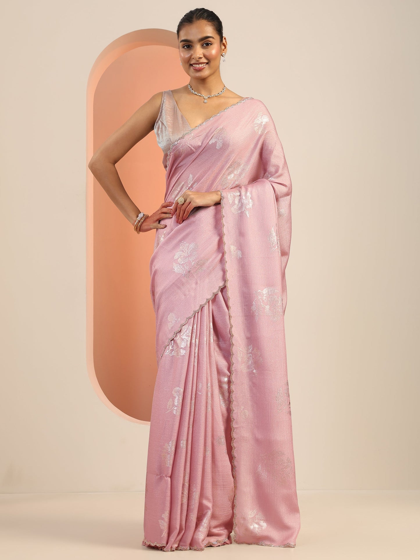 Pink Printed Silk Blend Sarees With Unstitched Blouse Piece