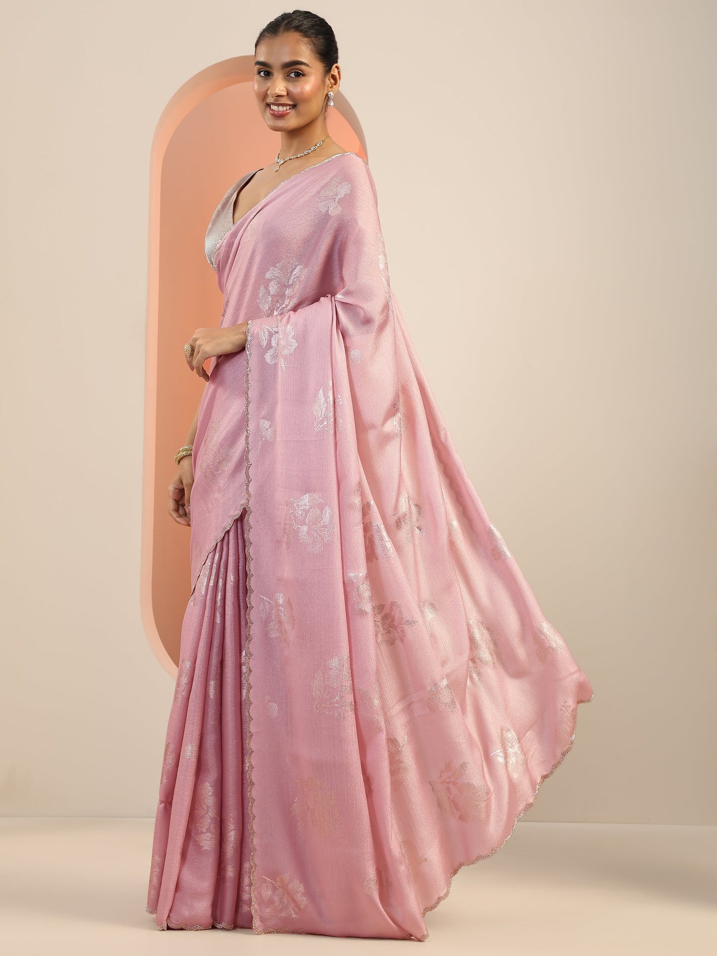 Pink Printed Silk Blend Sarees With Unstitched Blouse Piece