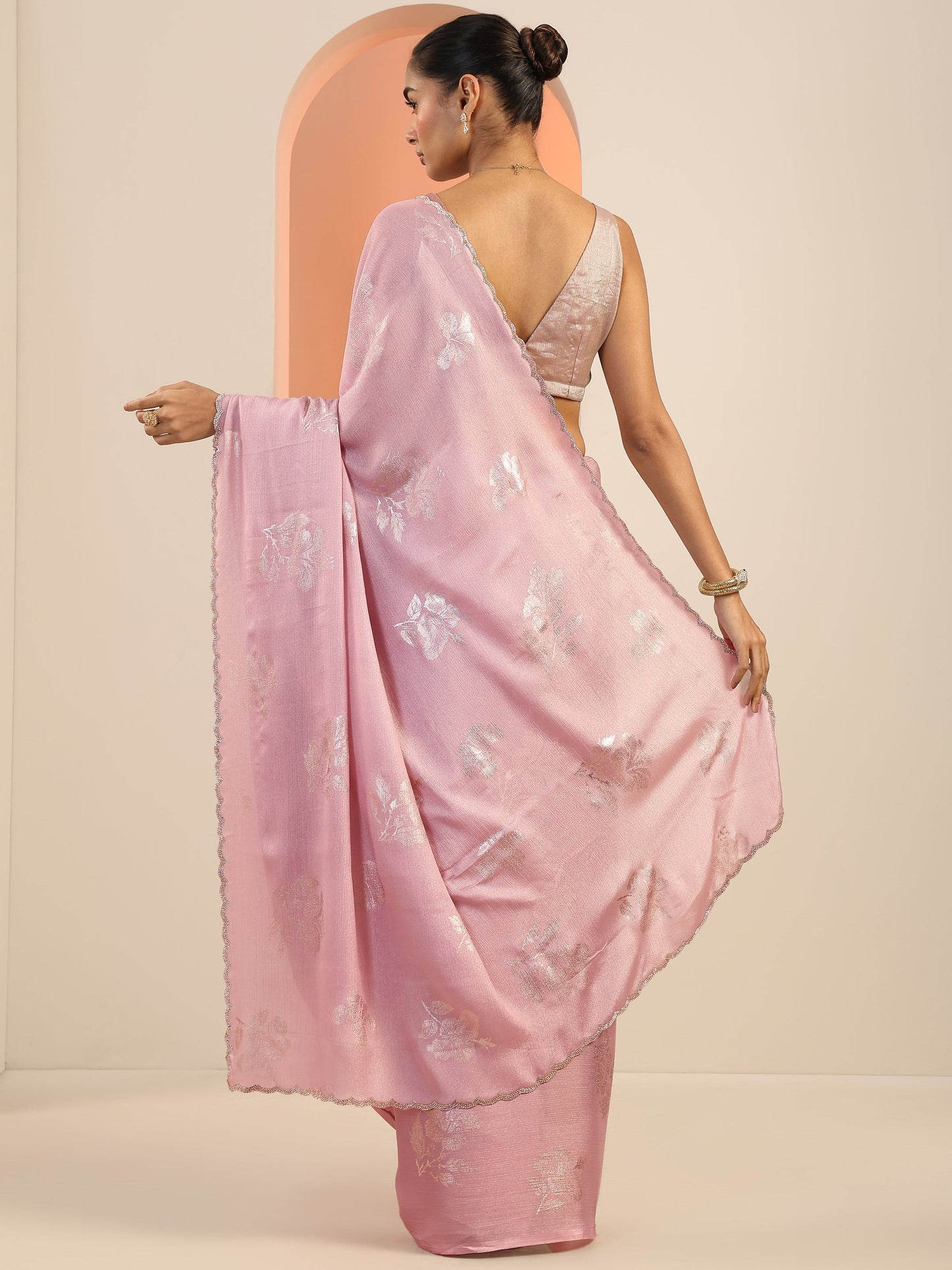 Pink Printed Silk Blend Sarees With Unstitched Blouse Piece
