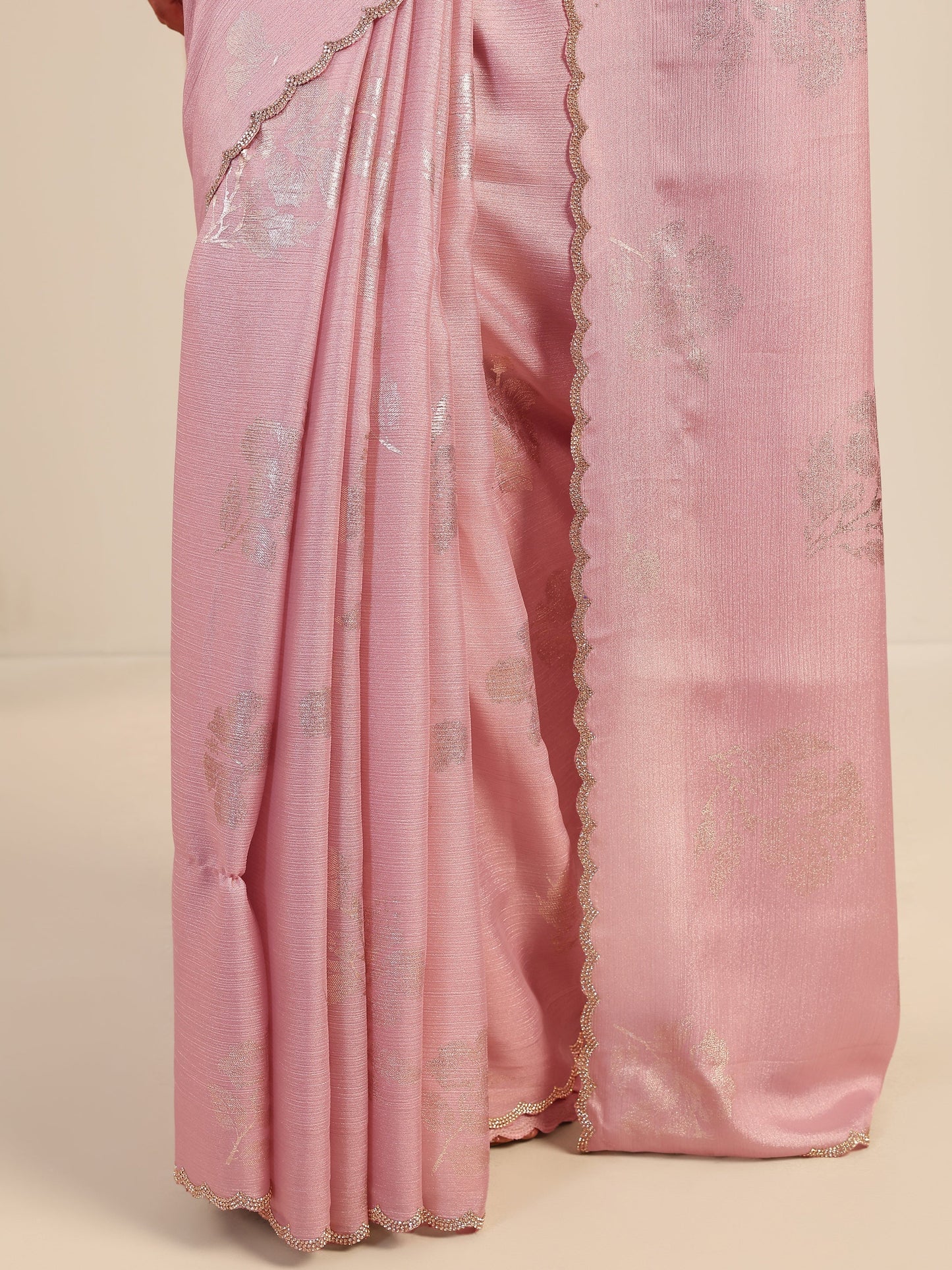 Pink Printed Chinon Saree With Unstitched Blouse Piece