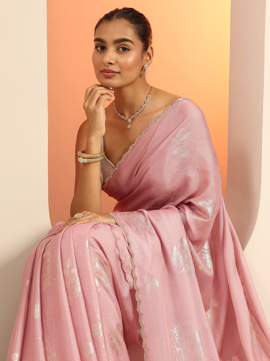 Pink Printed Chinon Saree With Unstitched Blouse Piece