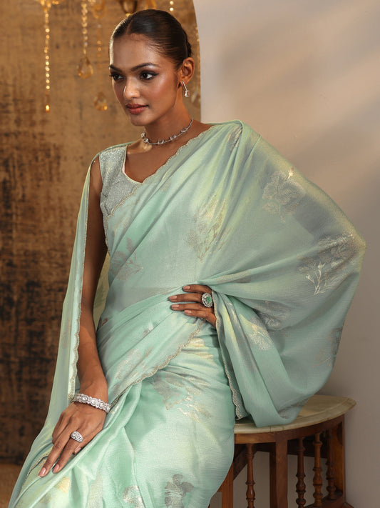 Green Printed Chinon Saree With Unstitched Blouse Piece