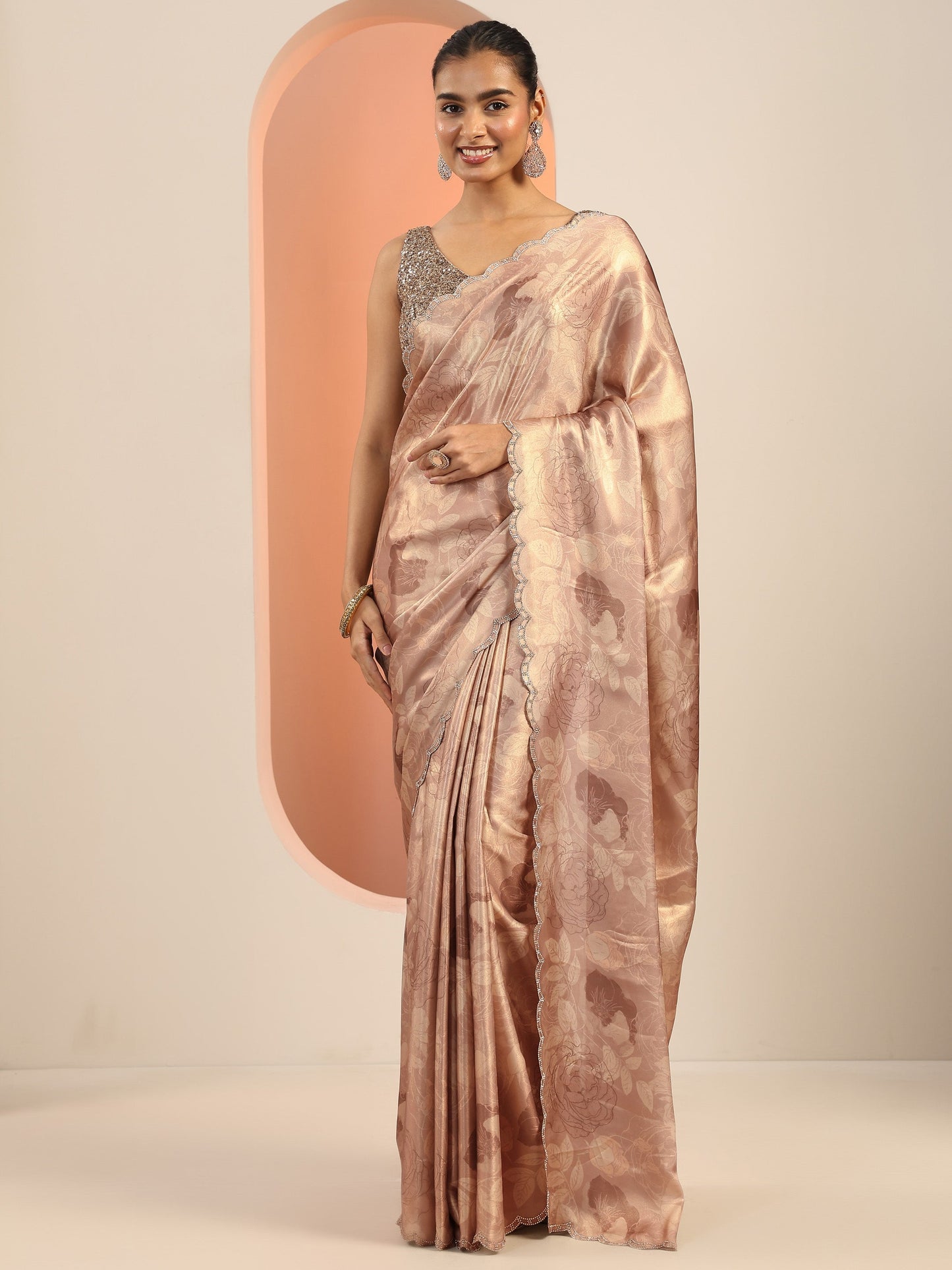 Mauve Printed Satin Saree With Unstitched Blouse Piece