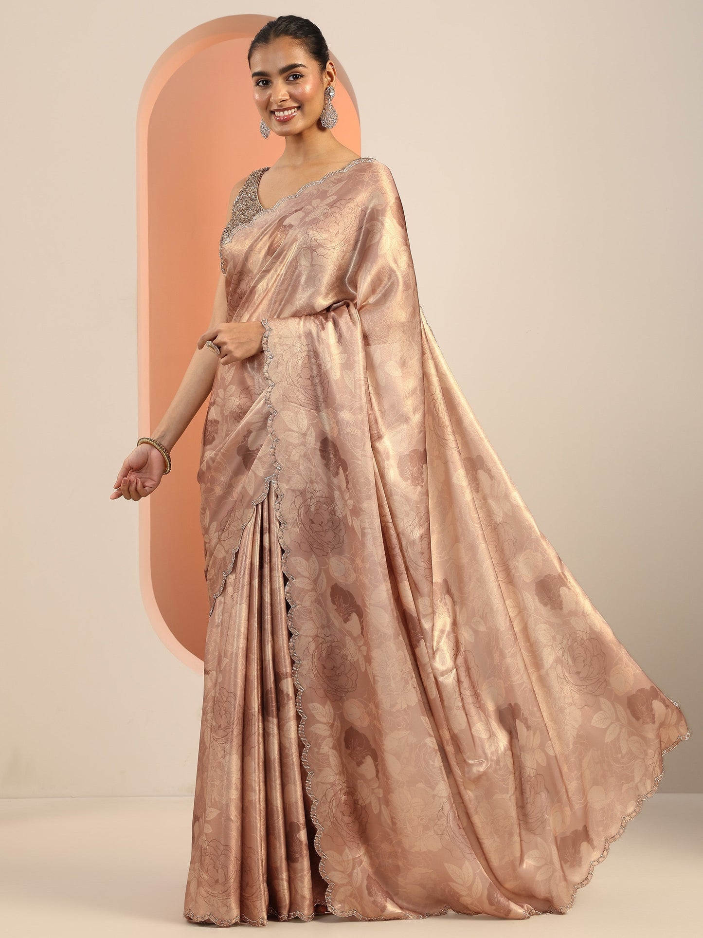 Mauve Printed Satin Saree With Unstitched Blouse Piece