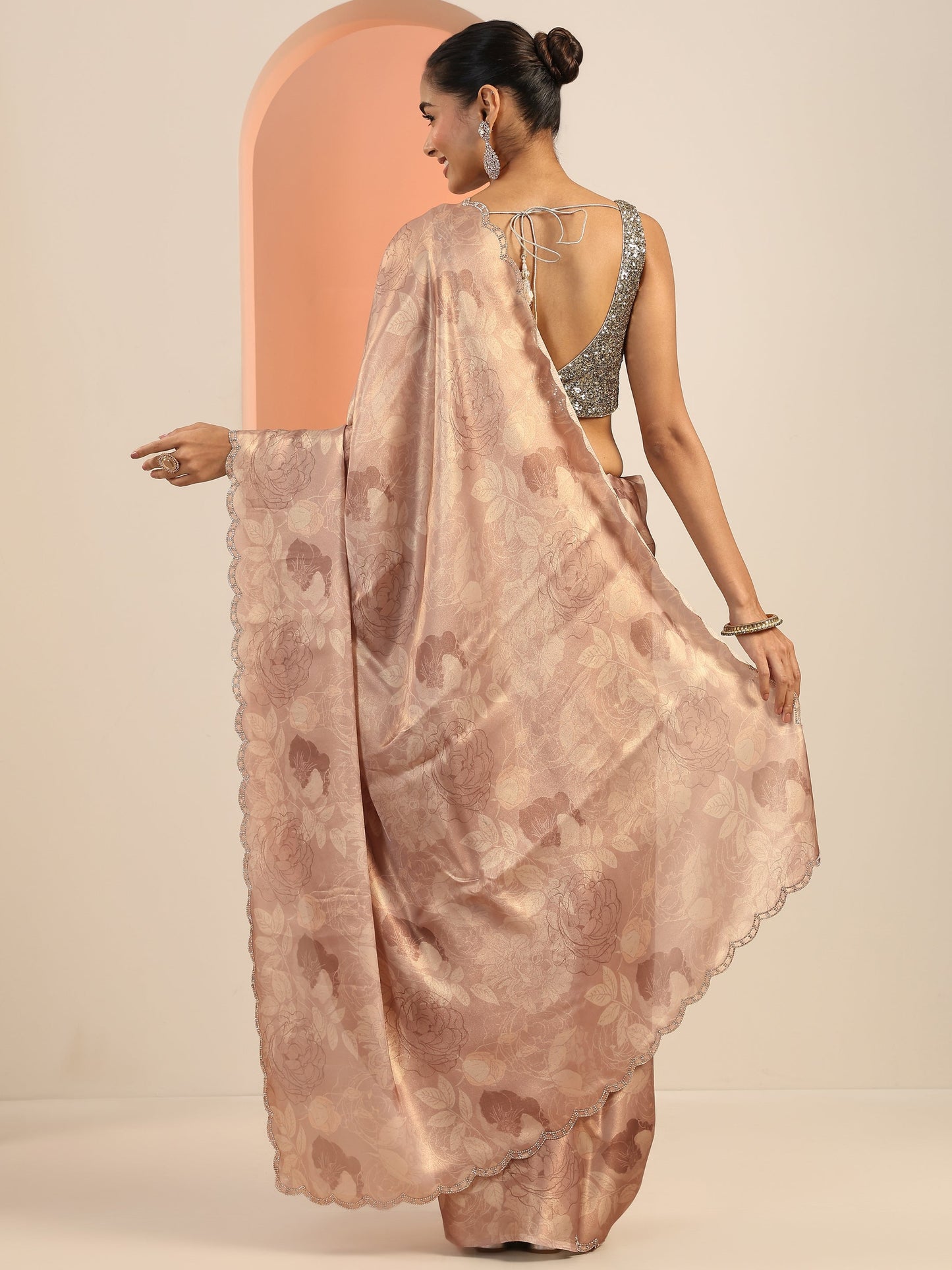 Mauve Printed Satin Saree With Unstitched Blouse Piece