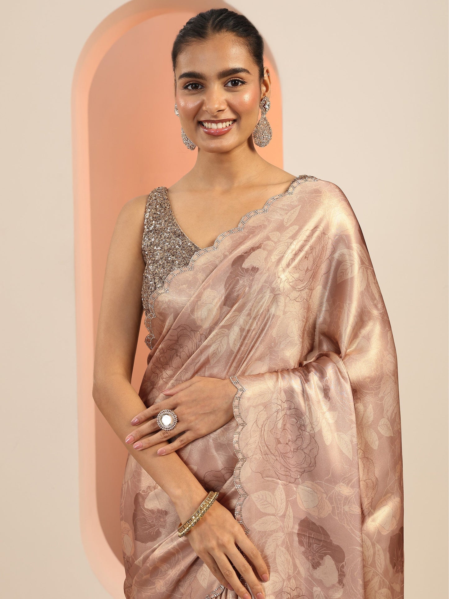 Mauve Printed Satin Saree With Unstitched Blouse Piece