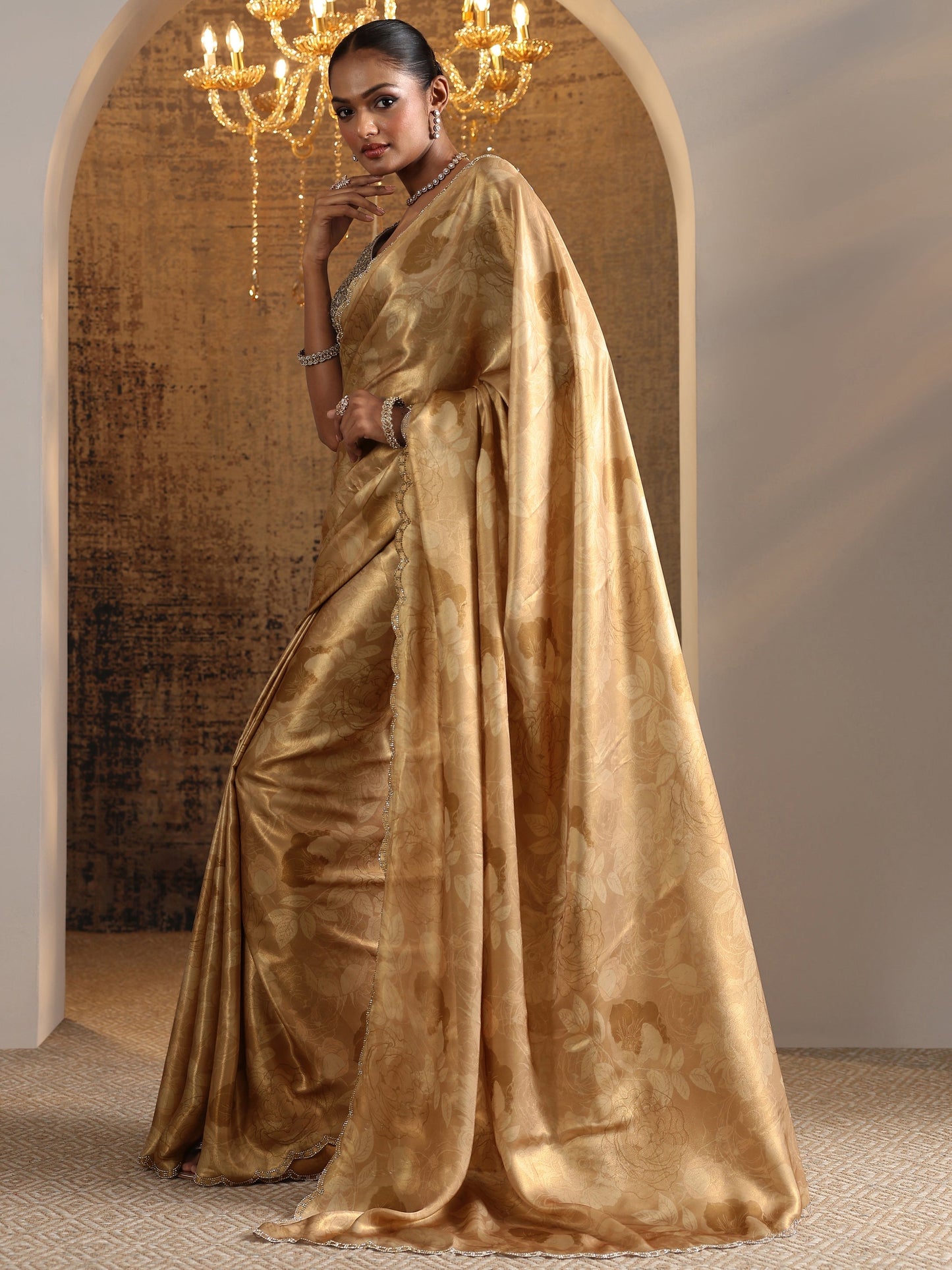 Brown Printed Satin Saree With Unstitched Blouse Piece