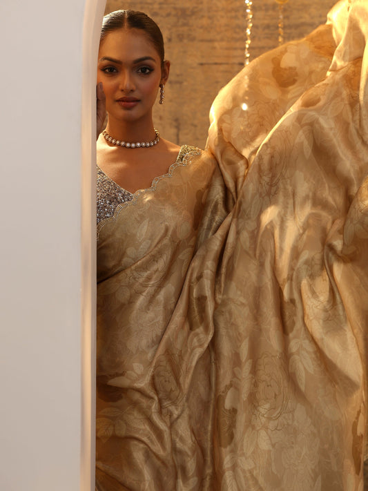 Brown Printed Satin Saree With Unstitched Blouse Piece