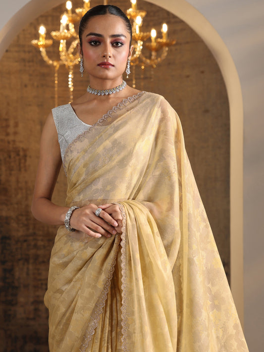 Gold Printed Organza Saree With Unstitched Blouse Piece