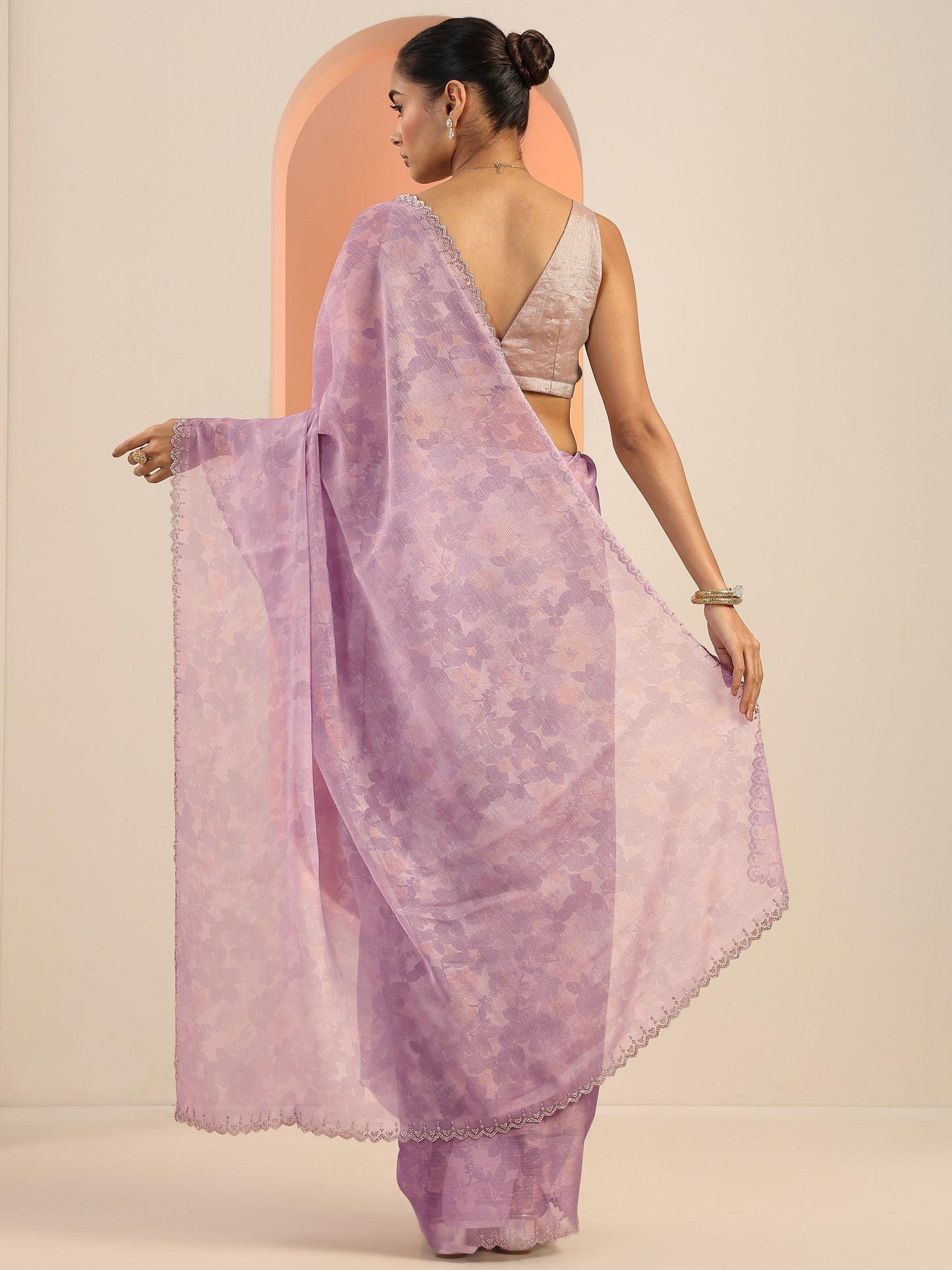 Lavender Printed Organza Saree With Unstitched Blouse Piece
