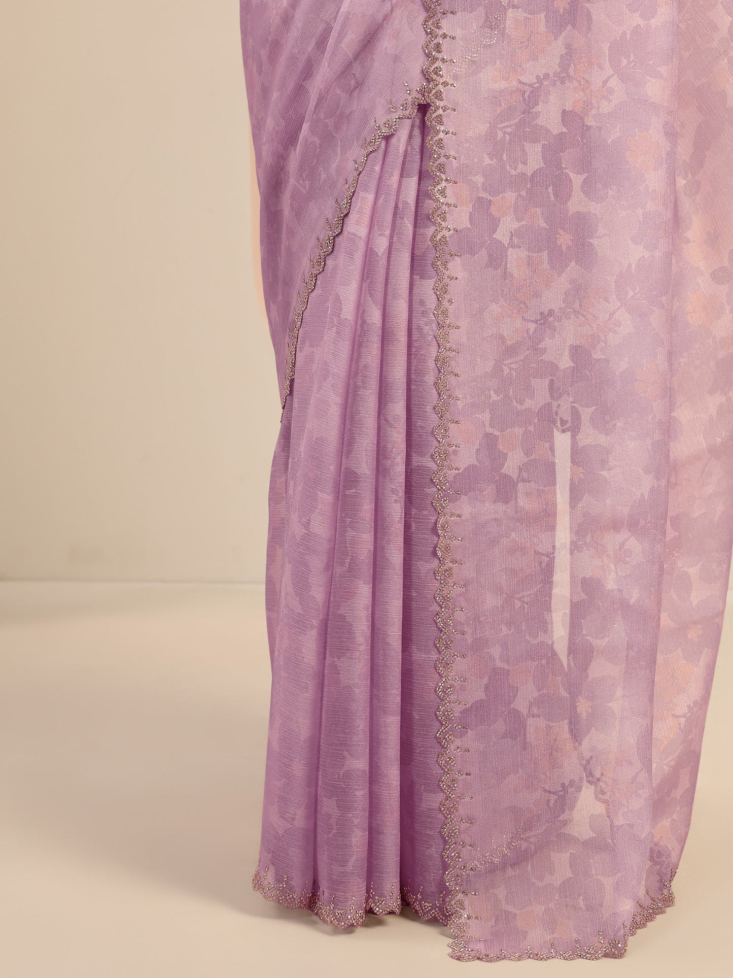 Lavender Printed Organza Saree With Unstitched Blouse Piece