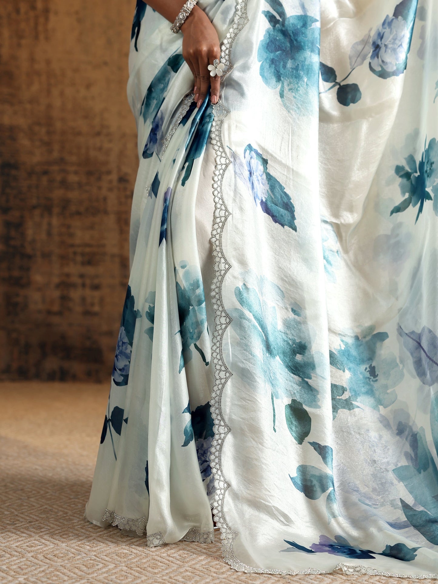 Blue Printed Satin Saree With Unstitched Blouse Piece